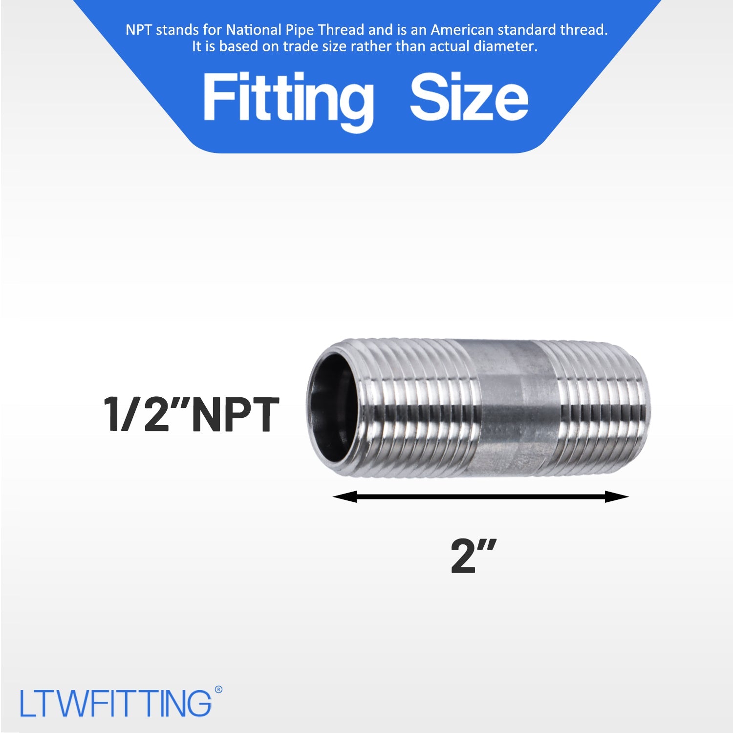 LTWFITTING Stainless Steel 316 Pipe 2 Inch Long Nipple Fitting 1/2 Inch Male NPT (Pack of 5)