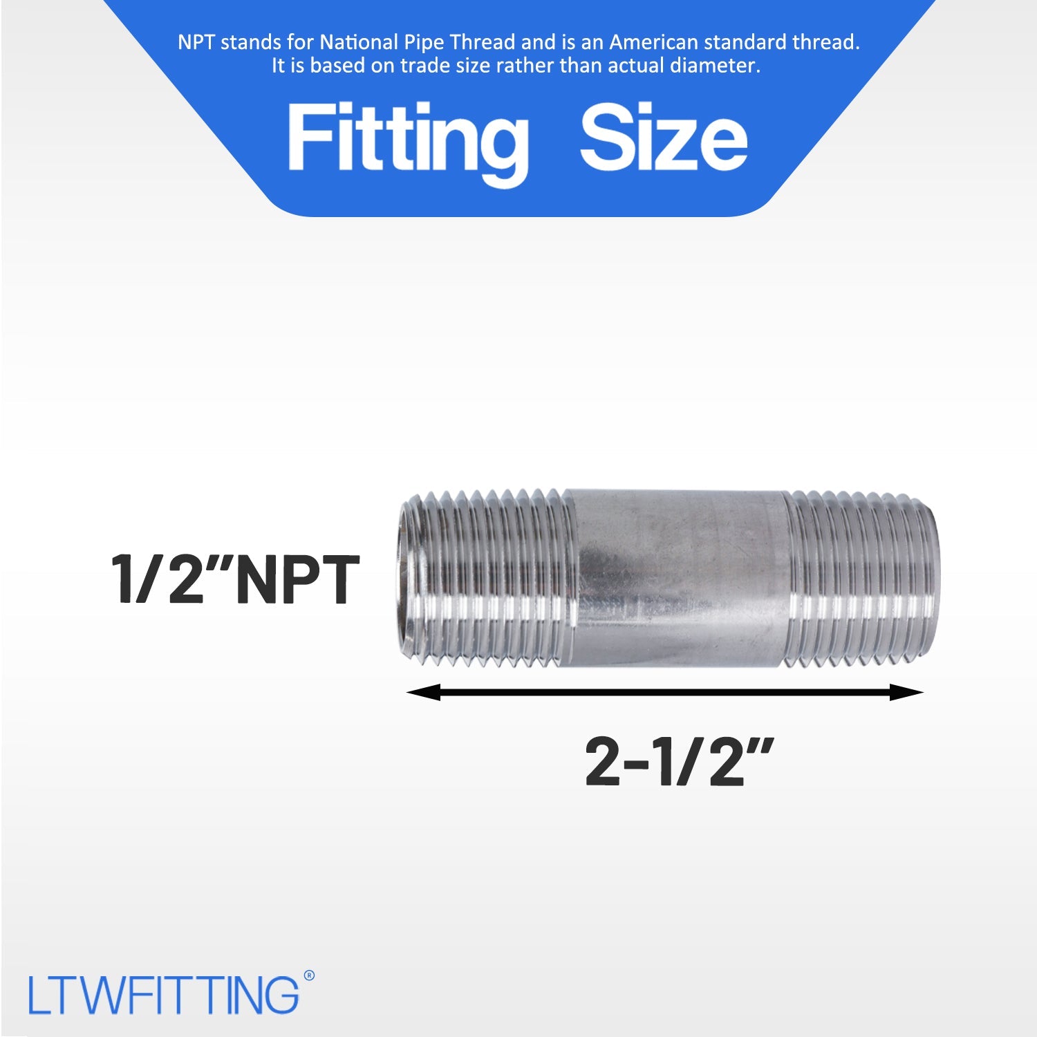 LTWFITTING Stainless Steel 316 Pipe 2-1/2 Inch Long Nipple Fitting 1/2 Inch Male NPT (Pack of 20)