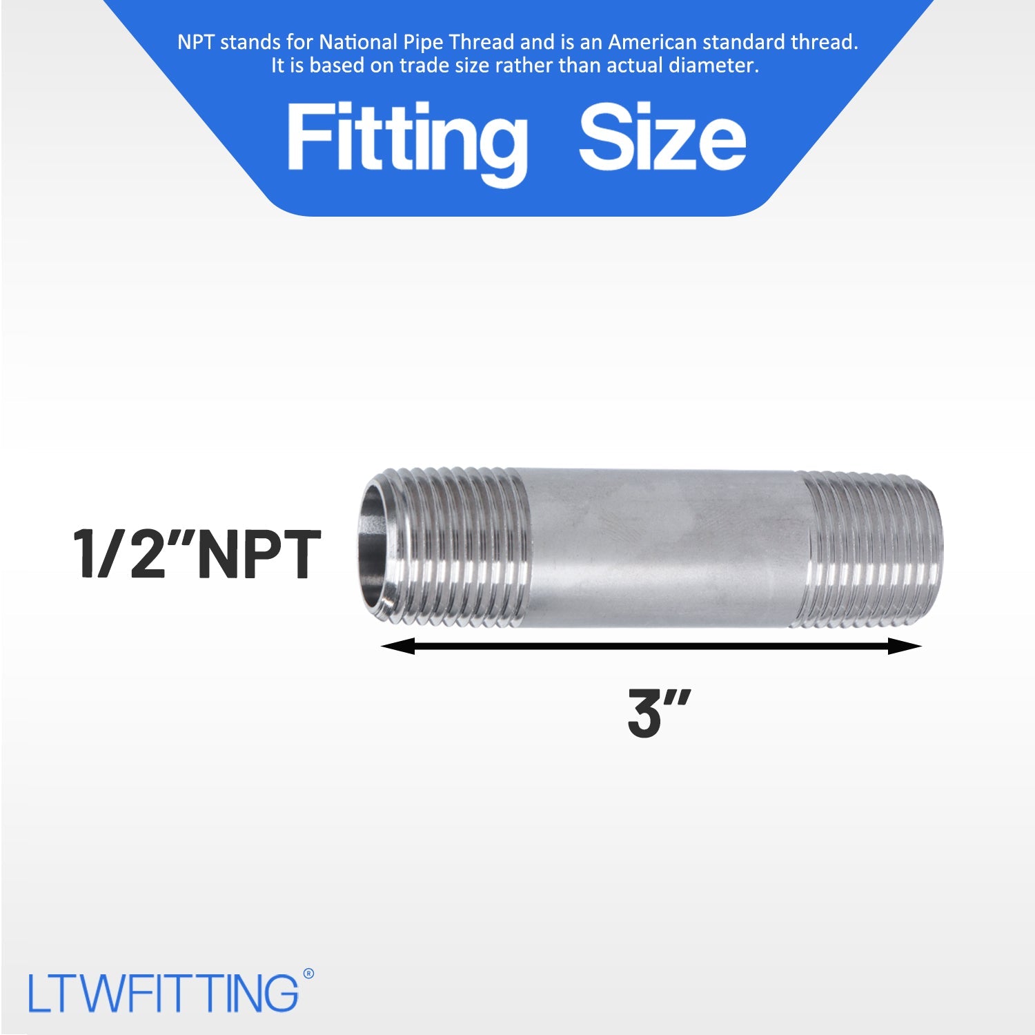 LTWFITTING Stainless Steel 316 Pipe 3 Inch Long Nipple Fitting 1/2 Inch Male NPT (Pack of 20)
