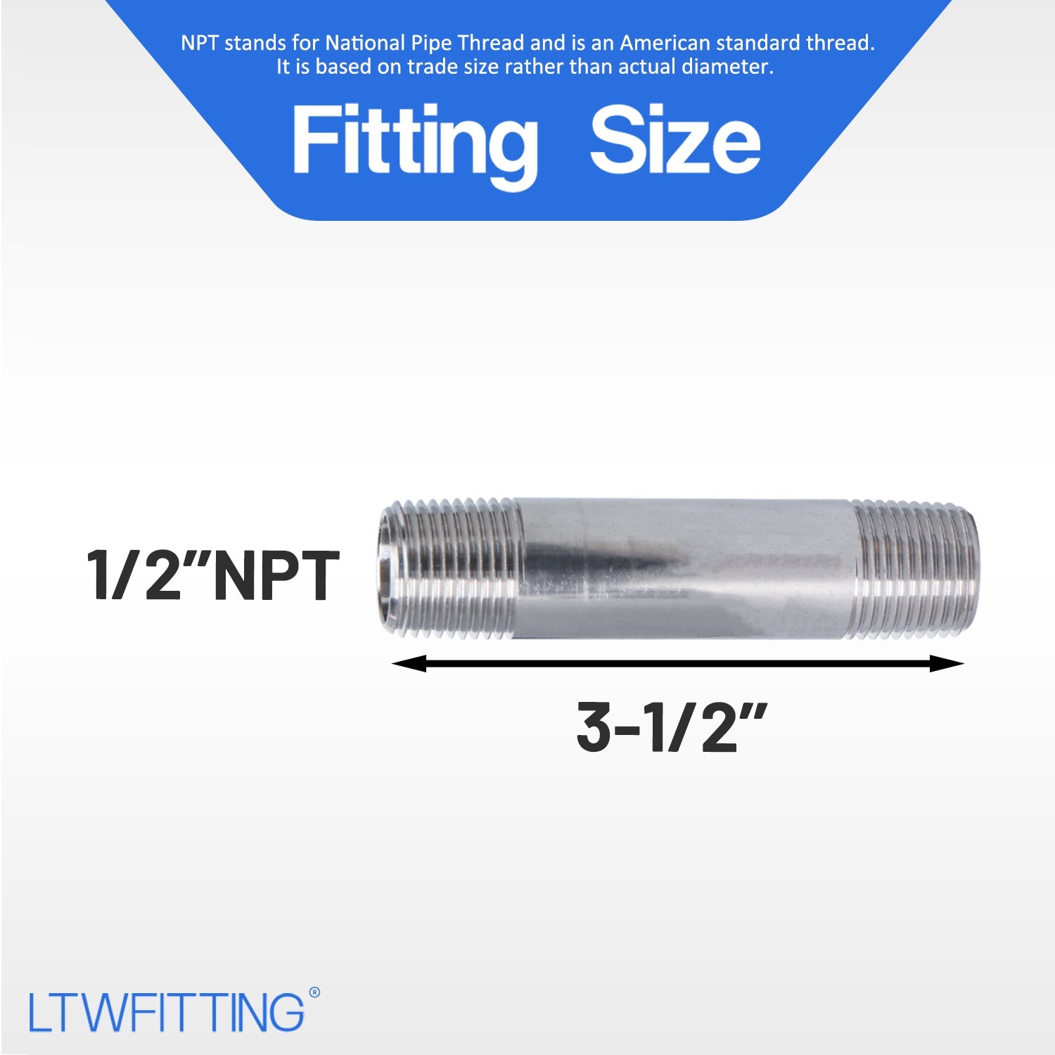LTWFITTING Stainless Steel 316 Pipe 3-1/2 Inch Long Nipple Fitting 1/2 Inch Male NPT (Pack of 2)