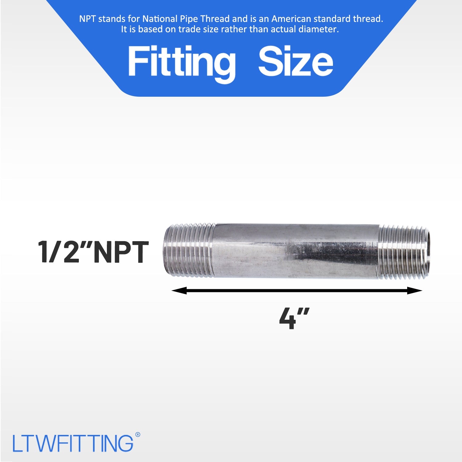 LTWFITTING Stainless Steel 316 Pipe 4 Inch Long Nipples Fitting 1/2 Inch Male NPT (Pack of 10)