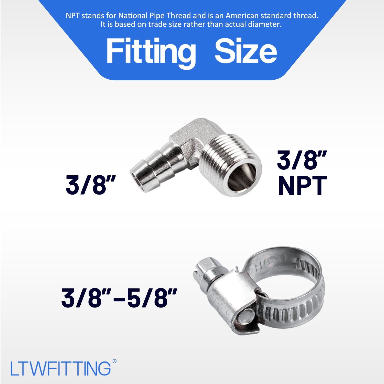 LTWFITTING 2 Sets Repair Kit Stainless Steel 316 3/8 Inch ID Hose x 3/8 Inch Male NPT Barb Elbow with 3/8 - 5/8 Inch (10-16mm) Hose Clamp