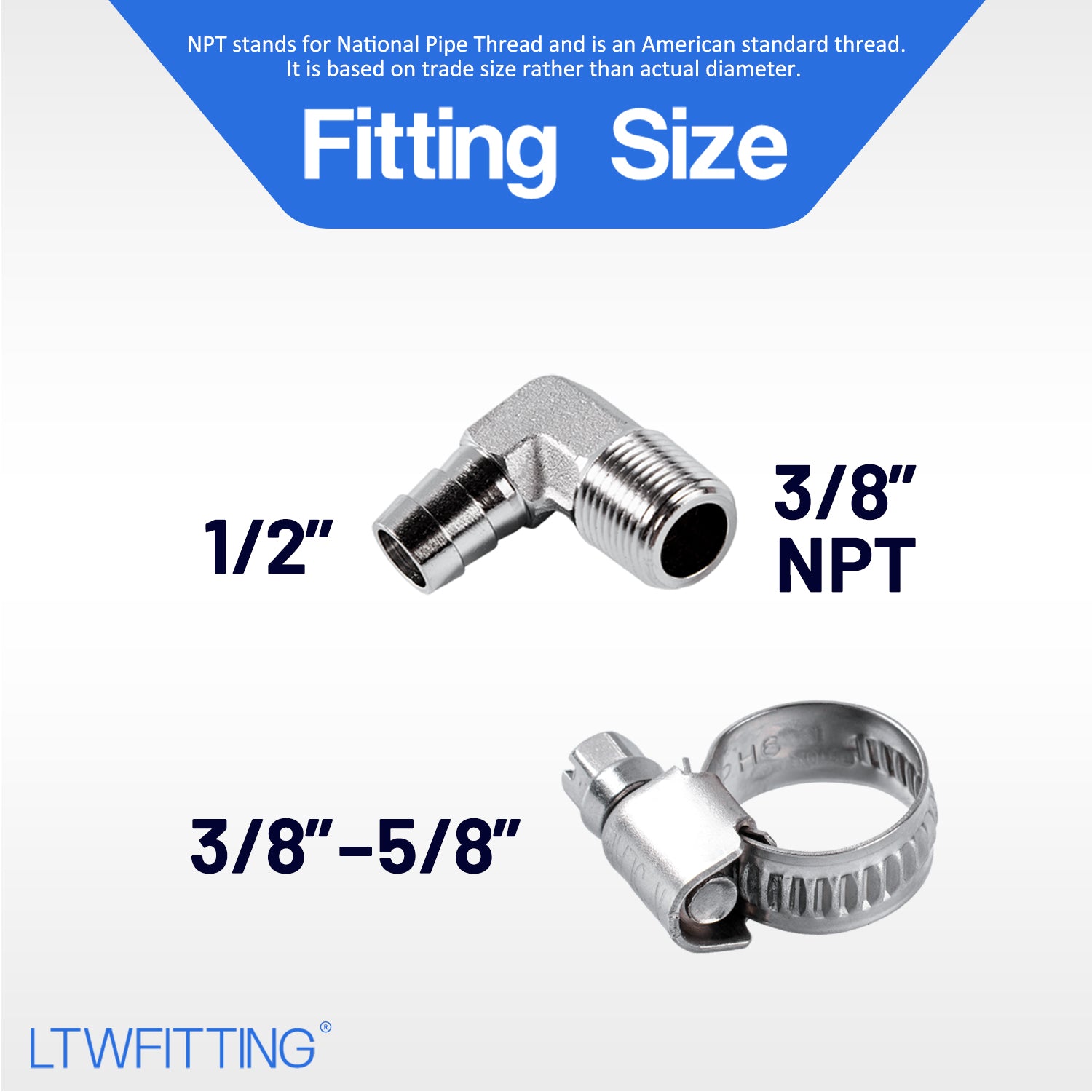 LTWFITTING 2 Sets Repair Kit Stainless Steel 316 1/2 Inch ID Hose x 3/8 Inch Male NPT Barb Elbow with 3/8 - 5/8 Inch (10-16mm) Hose Clamp