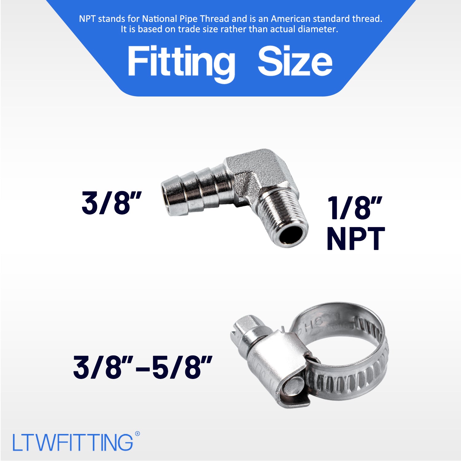 LTWFITTING 2 Sets Repair Kit Stainless Steel 316 3/8 Inch ID Hose x 1/8 Inch Male NPT Barb Elbow with 3/8 - 5/8 Inch (10-16mm) Hose Clamp