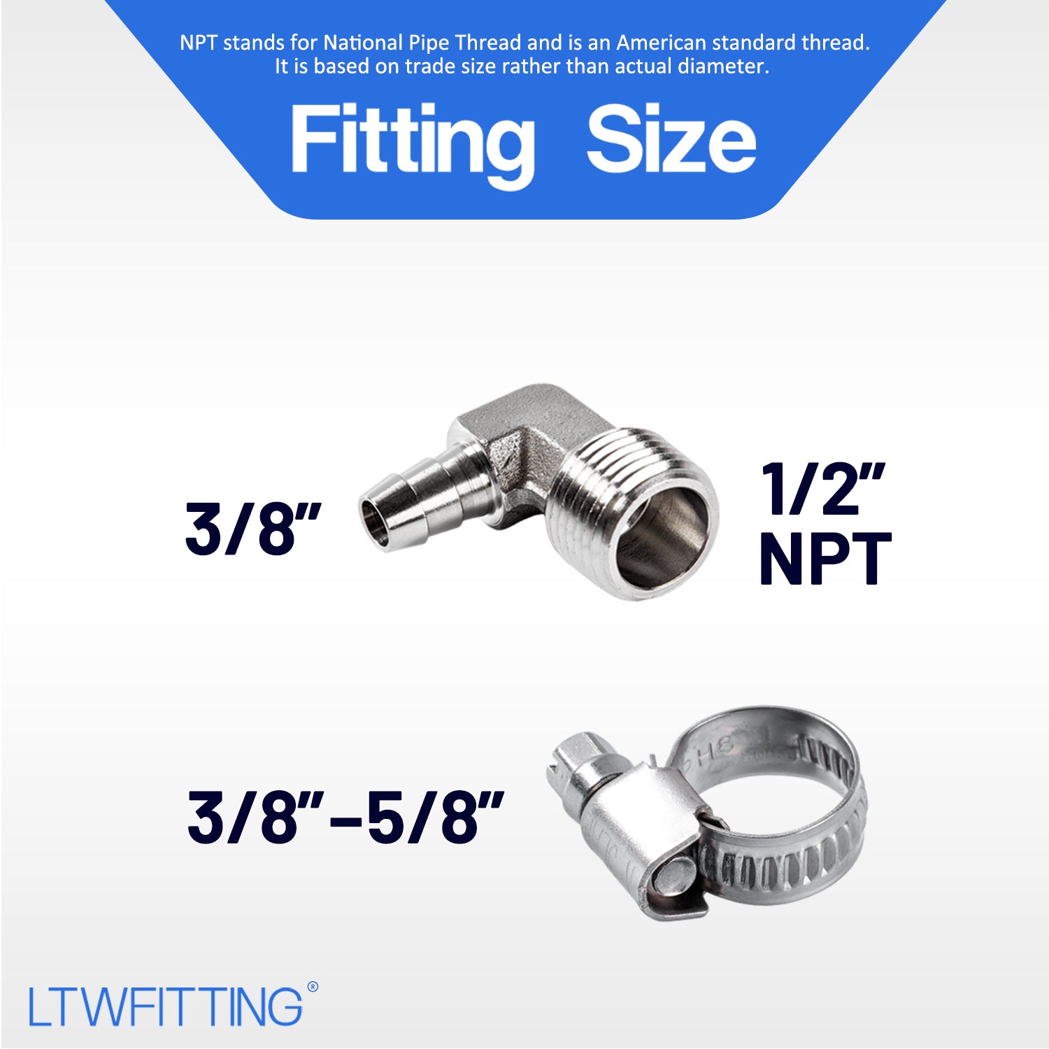 LTWFITTING 2 Sets Repair Kit Stainless Steel 316 3/8 Inch ID Hose x 1/2 Inch Male NPT Barb Elbow with 3/8 - 5/8 Inch (10-16mm) Hose Clamp