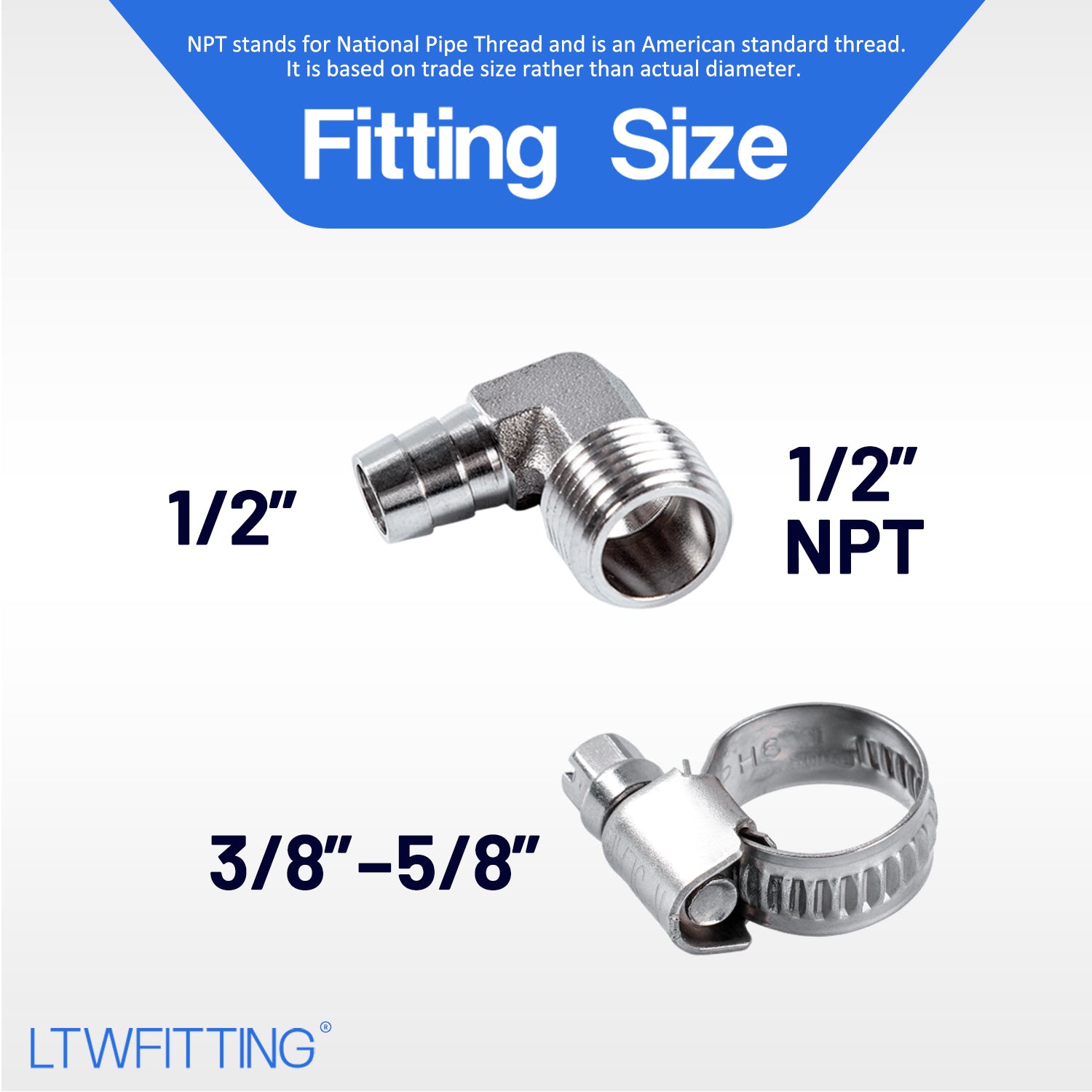 LTWFITTING 2 Sets Repair Kit Stainless Steel 316 1/2 Inch ID Hose x 1/2 Inch Male NPT Barb Elbow with 3/8 - 5/8 Inch (10-16mm) Hose Clamp