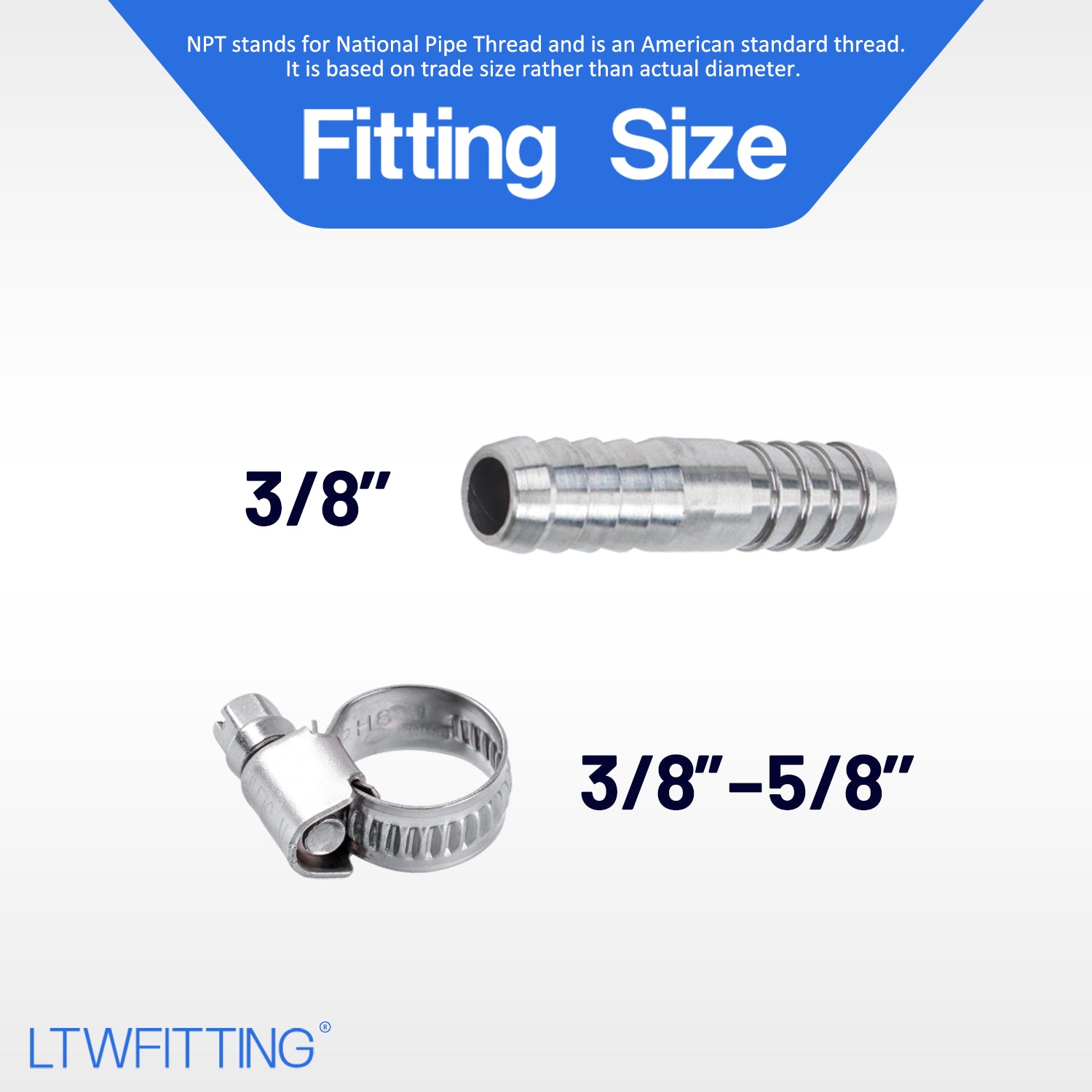 LTWFITTING 2 Sets Repair Kit Stainless Steel 316 3/8 Inch ID Hose Barb Splicer with 3/8 - 5/8 Inch (10-16mm) Hose Clamp