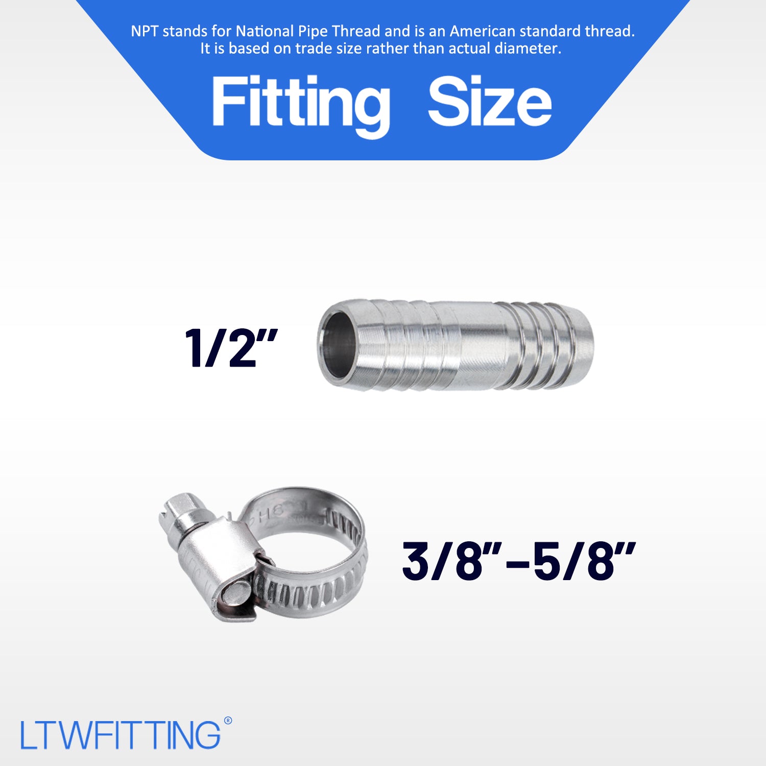 LTWFITTING 2 Sets Repair Kit Stainless Steel 316 1/2 Inch ID Hose Barb Splicer with 3/8 - 5/8 Inch (10-16mm) Hose Clamp