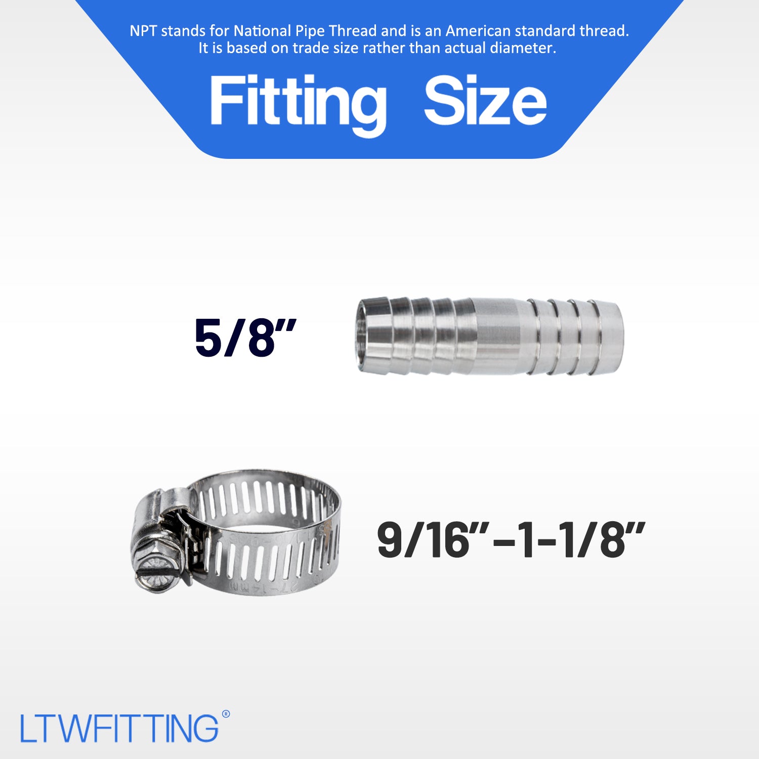 LTWFITTING 2 Sets Repair Kit Stainless Steel 316 5/8 Inch ID Hose Barb Splicer with 9/16 - 1-1/8 Inch (14-27mm) Hose Clamp