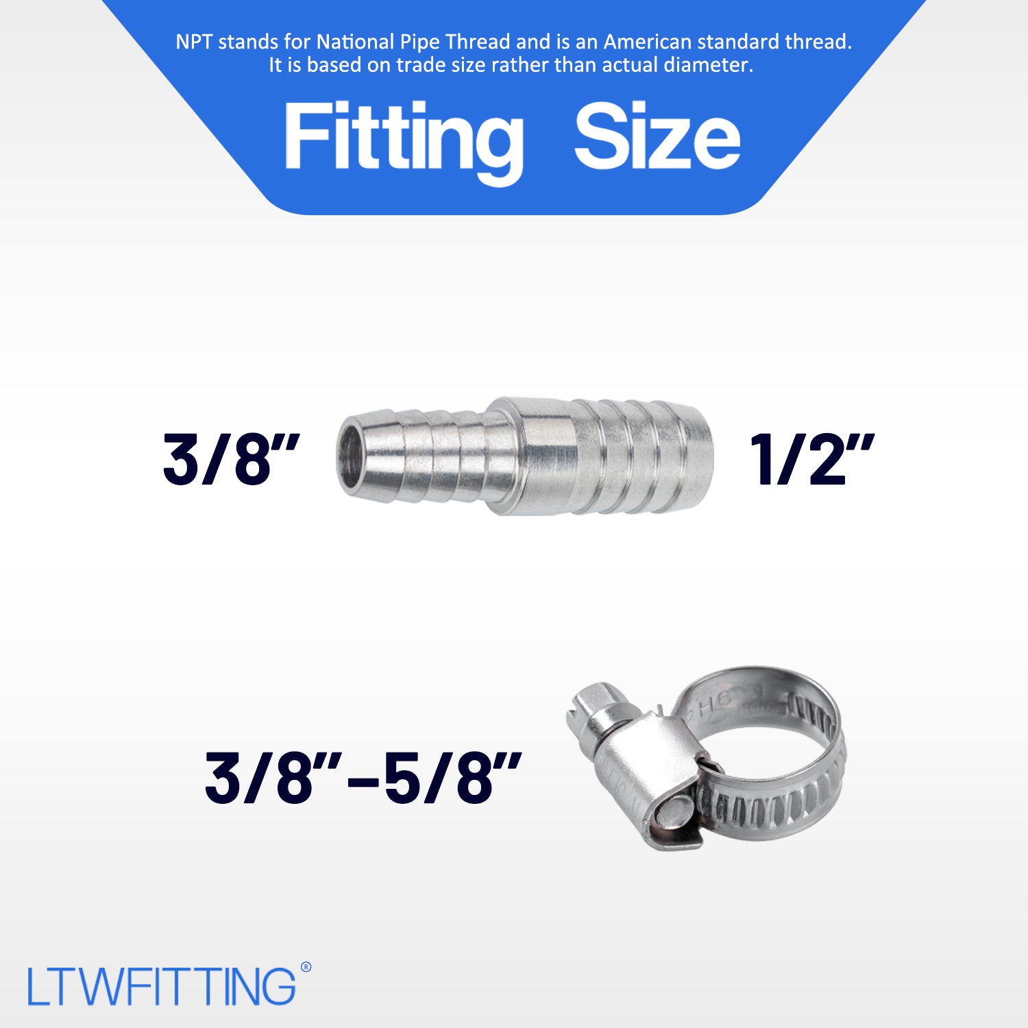 LTWFITTING 2 Sets Repair Kit Stainless Steel 316 3/8 Inch x 1/2 Inch ID Hose Barb Splicer with 3/8 - 5/8 Inch (10-16mm) Hose Clamp