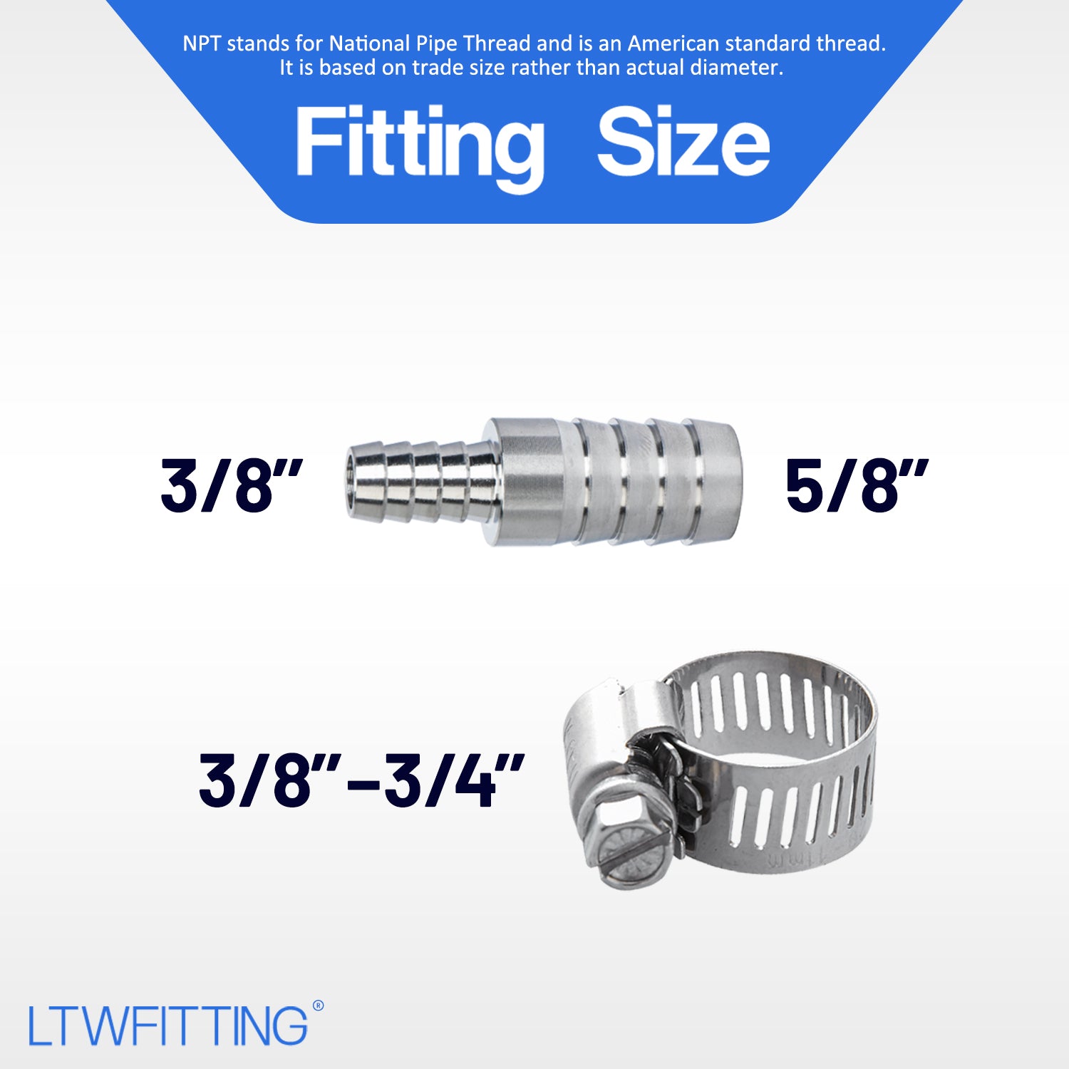 LTWFITTING 2 Sets Repair Kit Stainless Steel 316 3/8 Inch x 5/8 Inch ID Hose Barb Splicer with 3/8 - 3/4 Inch (11-20mm) Hose Clamp