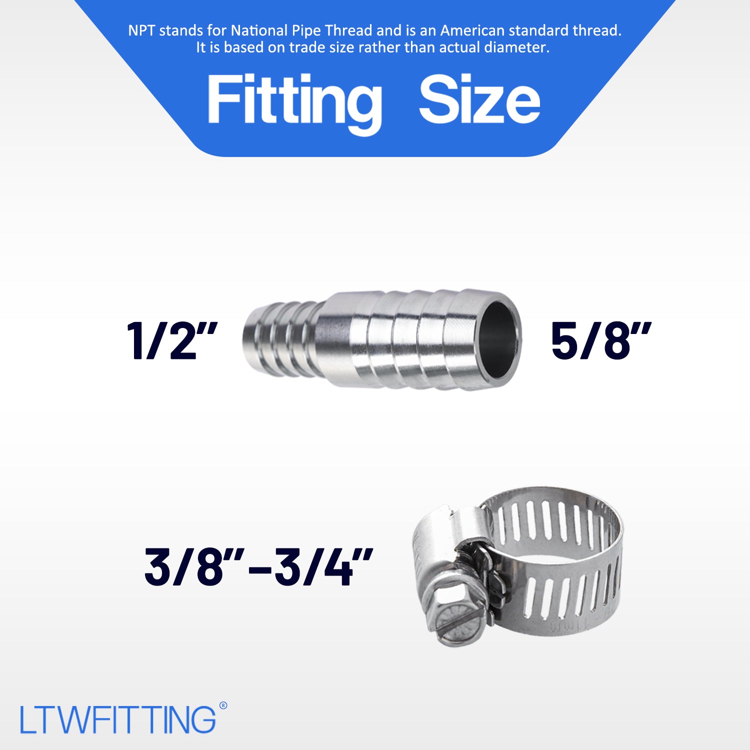 LTWFITTING 2 Sets Repair Kit Stainless Steel 316 1/2 Inch x 5/8 Inch ID Hose Barb Splicer with 3/8 - 3/4 Inch (11-20mm) Hose Clamp
