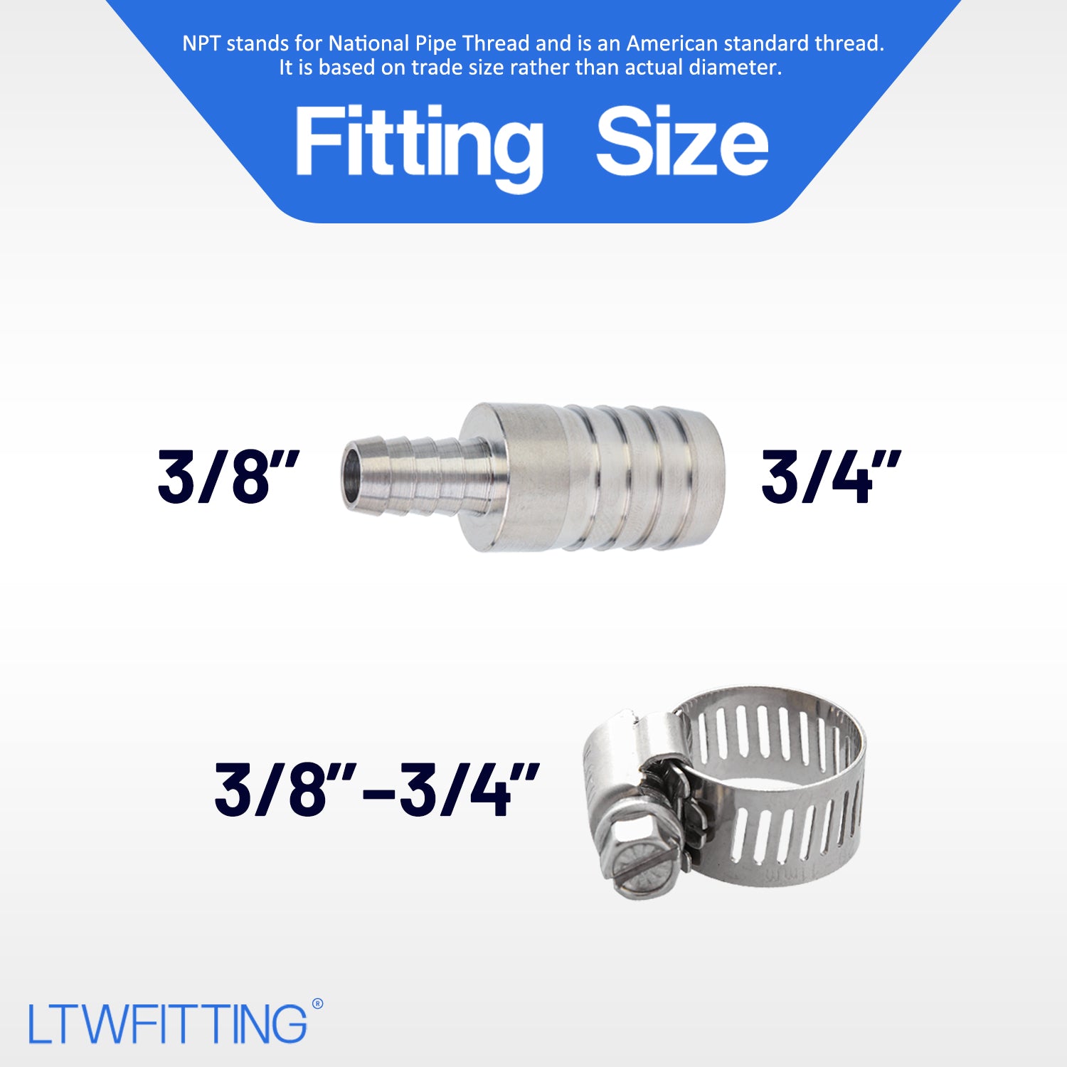 LTWFITTING 2 Sets Repair Kit Stainless Steel 316 3/8 Inch x 3/4 Inch ID Hose Barb Splicer with 3/8 - 3/4 Inch (11-20mm) Hose Clamp