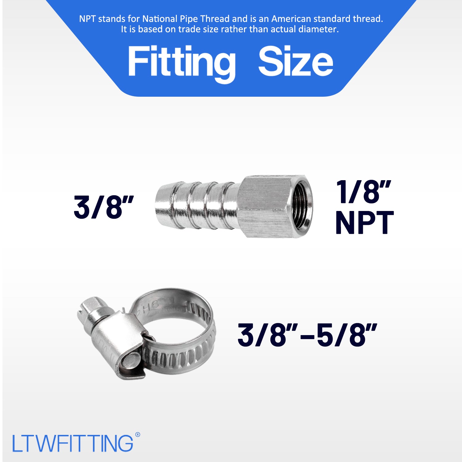 LTWFITTING 2 Sets Repair Kit Stainless Steel 316 3/8 Inch ID Hose x 1/8 Inch Female NPT Connector with 3/8 - 5/8 (10-16mm) Hose Clamp