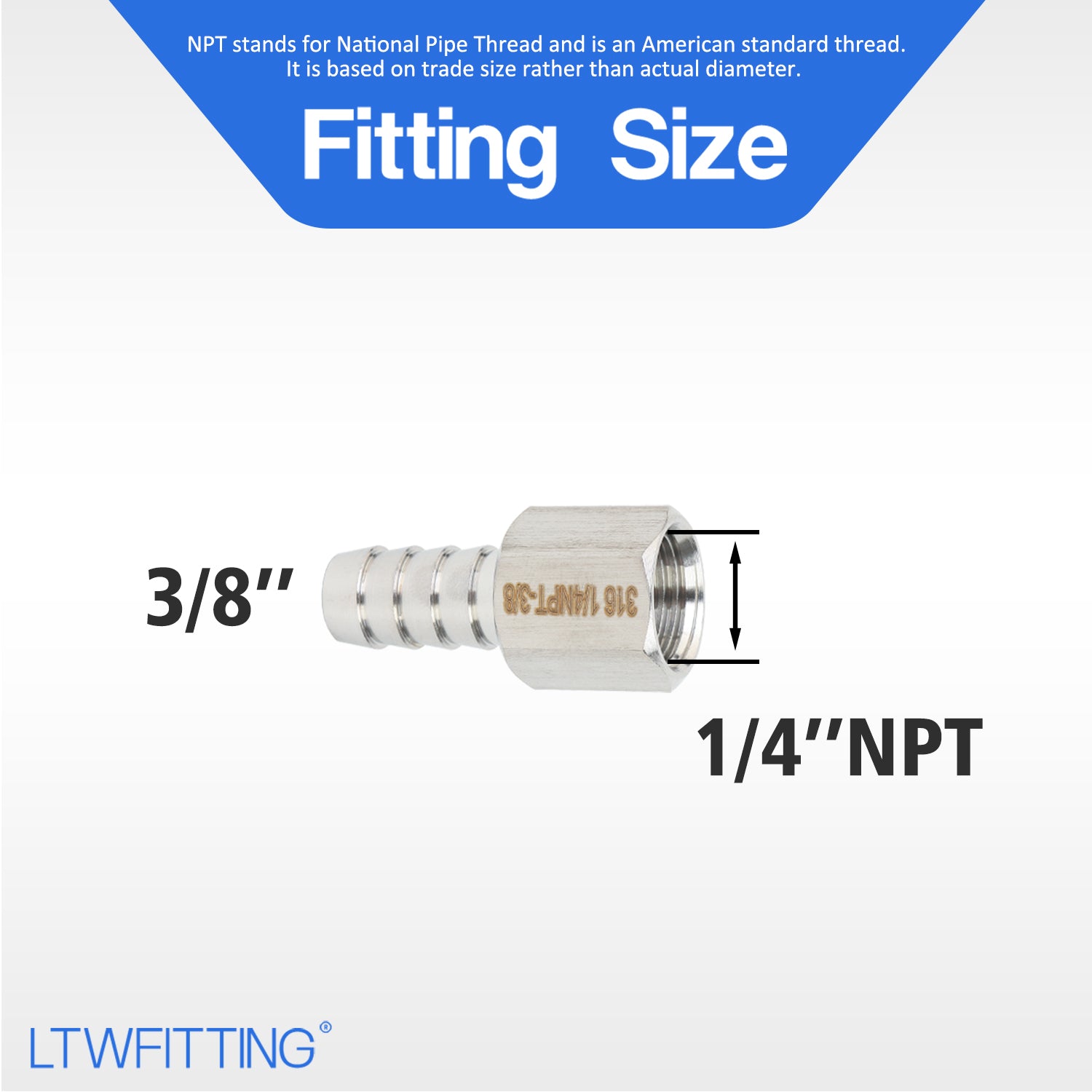LTWFITTING Bar Production Stainless Steel 316 Barb Fitting Coupler 3/8 Inch Hose ID x 1/4 Inch Female NPT Air Fuel Water (Pack of 500)