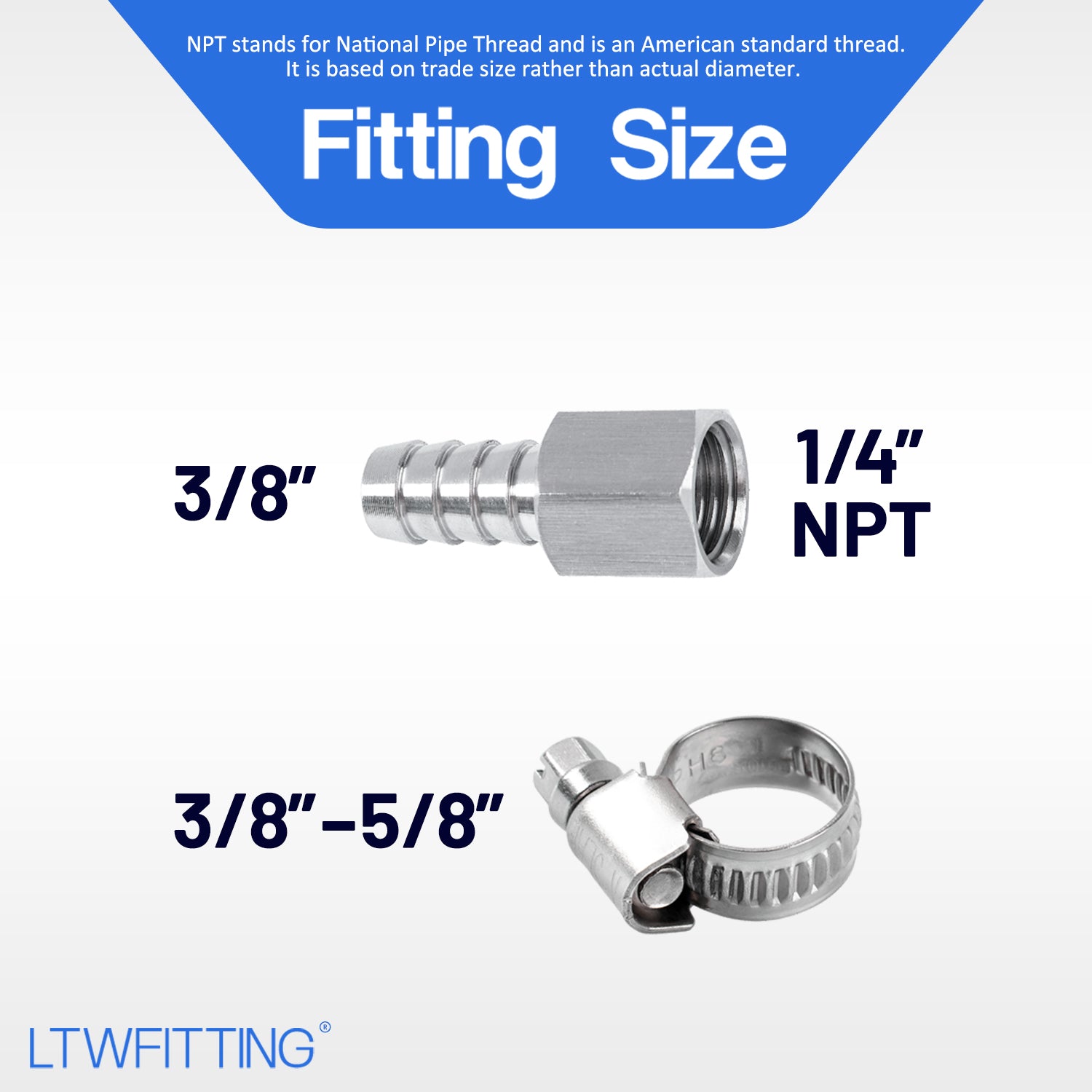 LTWFITTING 2 Sets Repair Kit Stainless Steel 316 3/8 Inch ID Hose x 1/4 Inch Female NPT Connector with 3/8 - 5/8 Inch (10-16mm) Hose Clamp