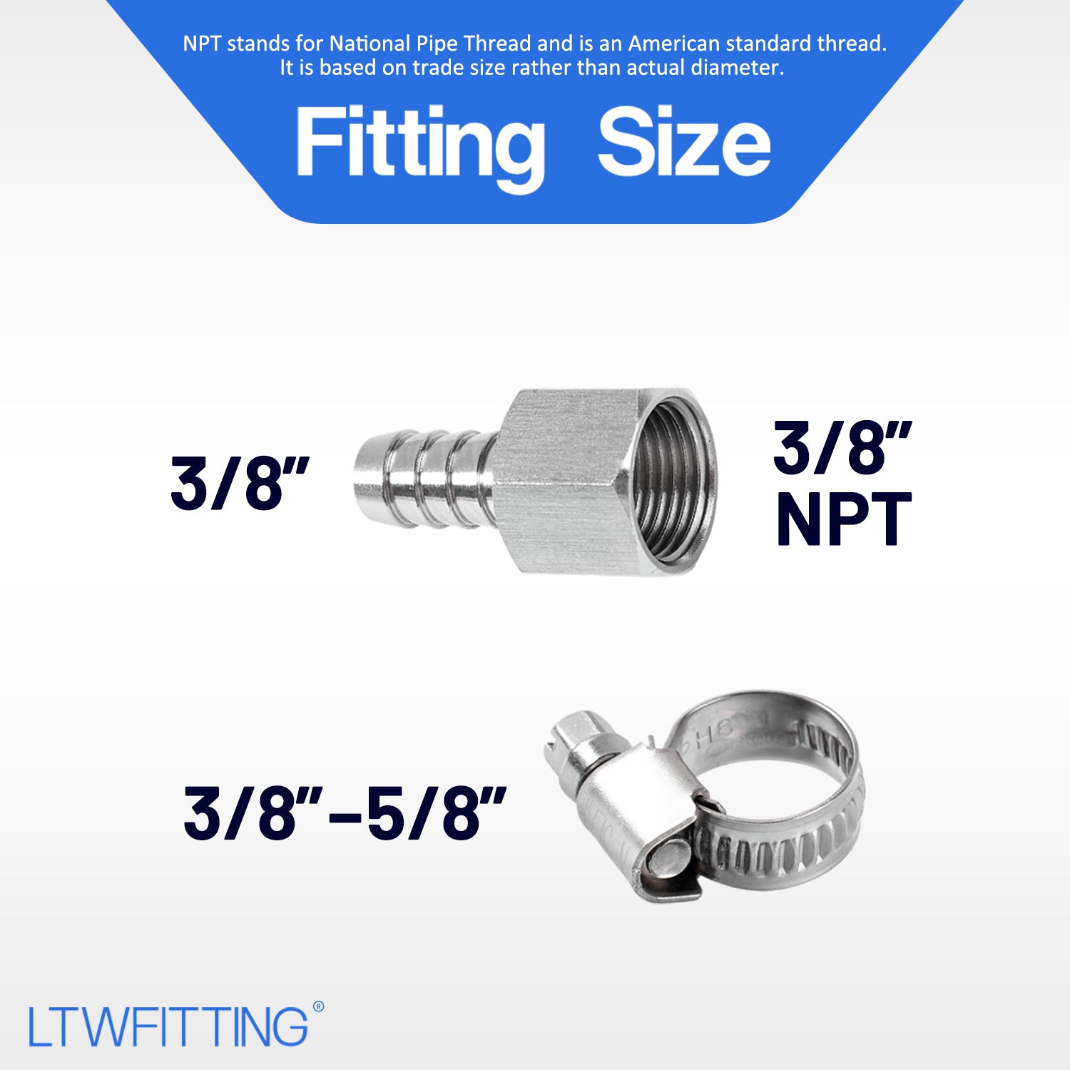 LTWFITTING 2 Sets Repair Kit Stainless Steel 316 3/8 Inch ID Hose x 3/8 Inch Female NPT Connector with 3/8 - 5/8 Inch (10-16mm) Hose Clamp
