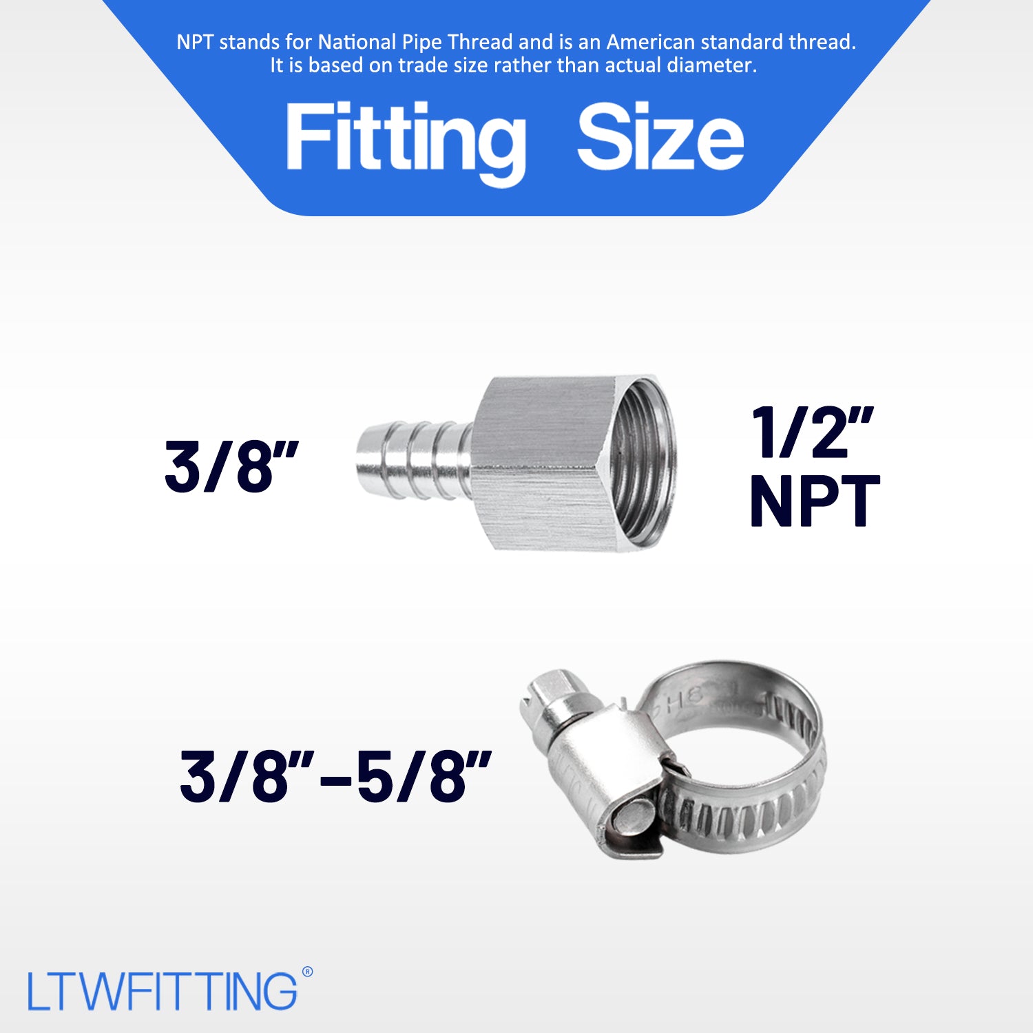 LTWFITTING 2 Sets Repair Kit Stainless Steel 316 3/8 Inch ID Hose x 1/2 Inch Female NPT Connector with 3/8 - 5/8 Inch (10-16mm) Hose Clamp
