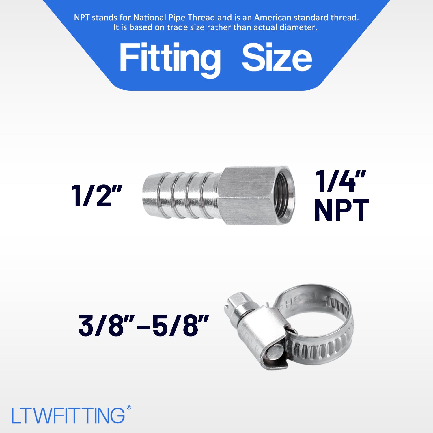 LTWFITTING 2 Sets Repair Kit Stainless Steel 316 1/2 Inch ID Hose x 1/4 Inch Female NPT Connector with 3/8 - 5/8 Inch (10-16mm) Hose Clamp