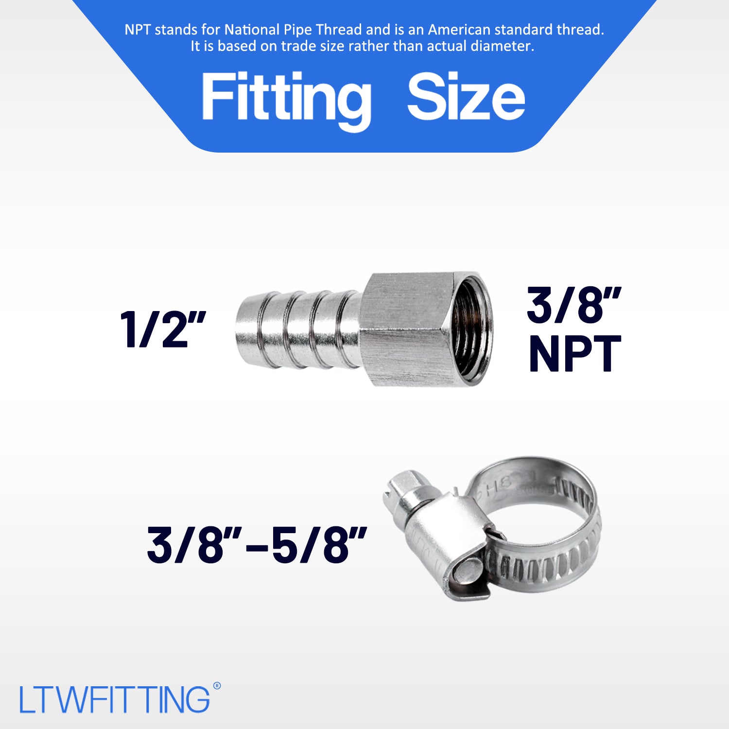 LTWFITTING 2 Sets Repair Kit Stainless Steel 316 1/2 Inch ID Hose x 3/8 Inch Female NPT Connector with 3/8 - 5/8 Inch (10-16mm) Hose Clamp