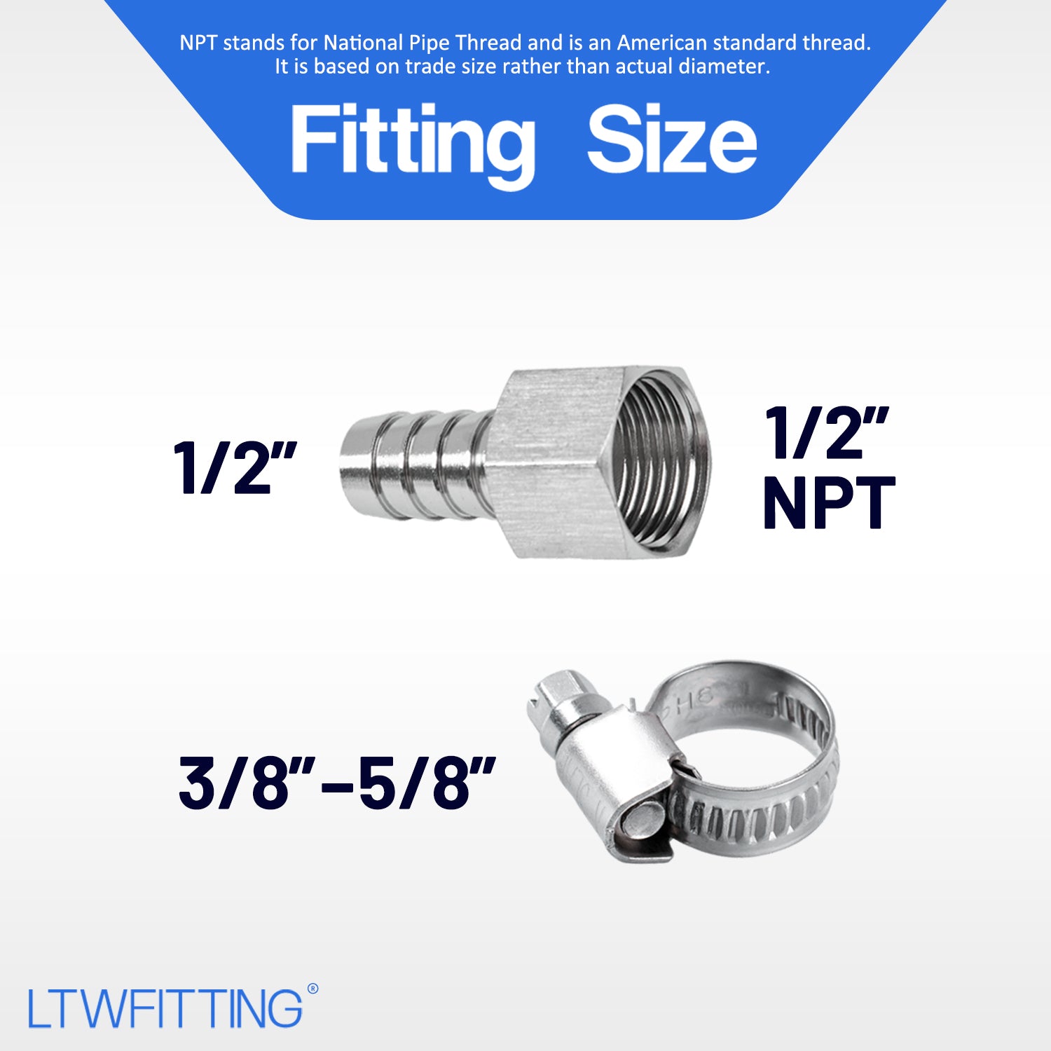 LTWFITTING 2 Sets Repair Kit Stainless Steel 316 1/2 Inch ID Hose x 1/2 Inch Female NPT Connector with 3/8 - 5/8 Inch (10-16mm) Hose Clamp