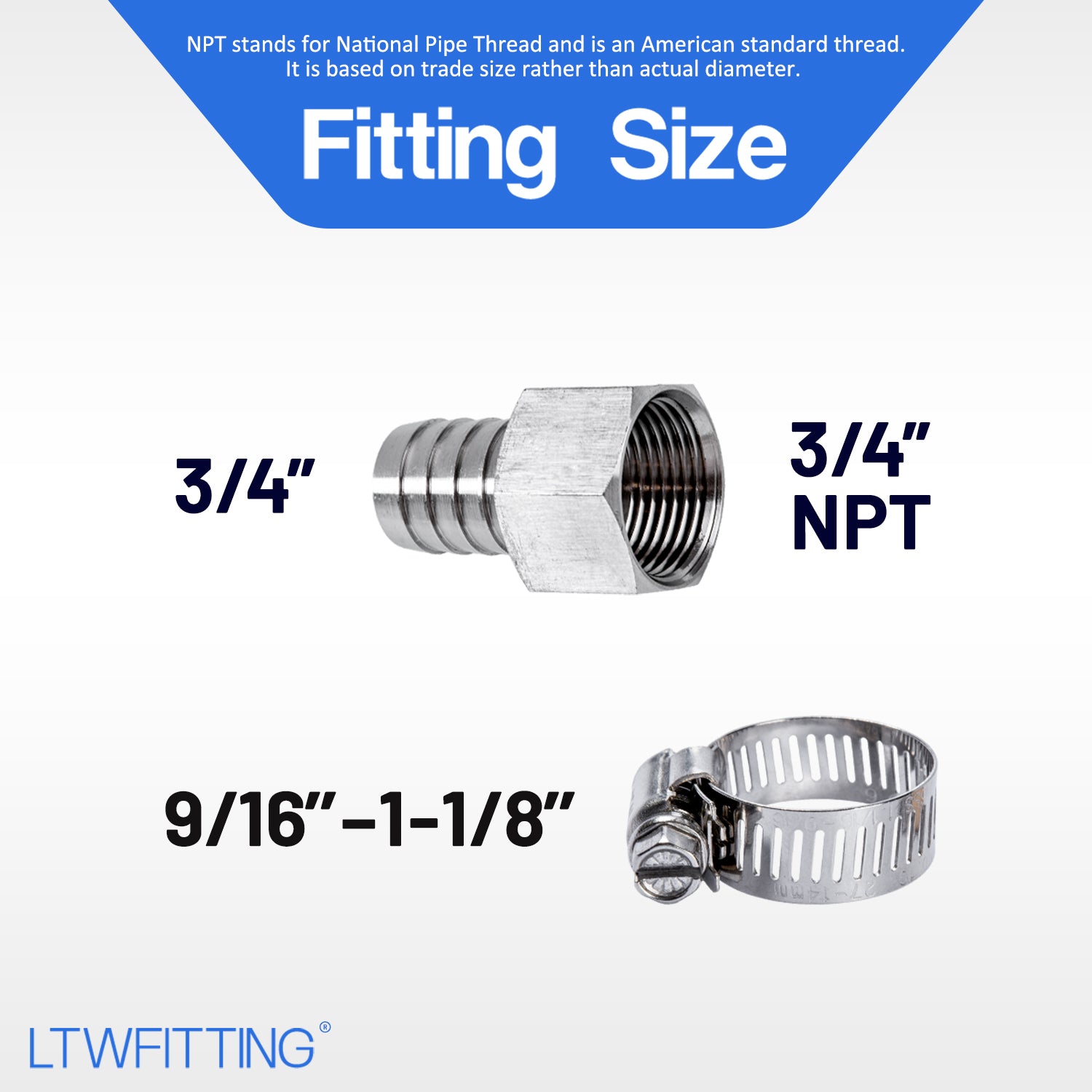 LTWFITTING 2 Sets Repair Kit Stainless Steel 316 3/4 Inch ID Hose x 3/4 Inch Female NPT Connector with 9/16 -1-1/8 Inch (14-27mm) Hose Clamp