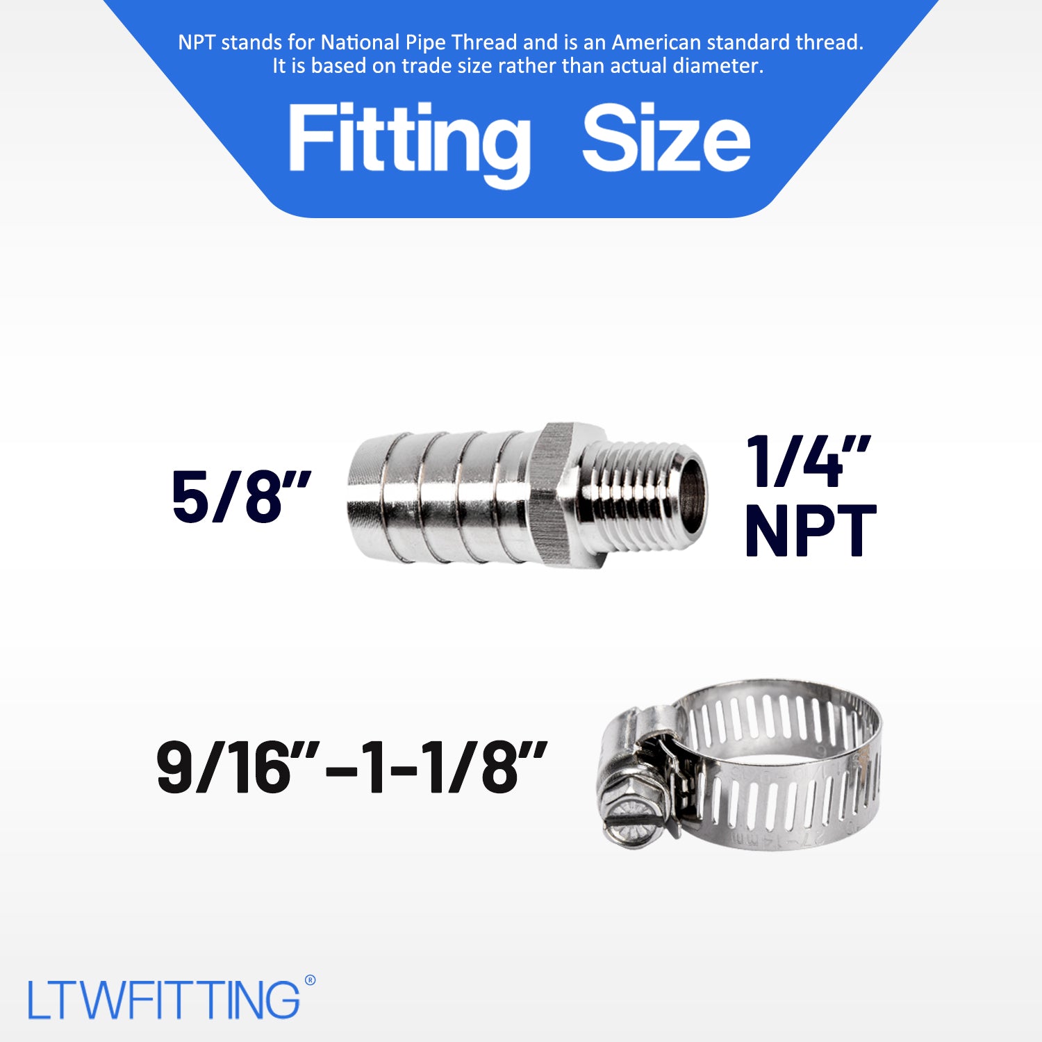 LTWFITTING 2 Sets Repair Kit Stainless Steel 316 5/8 Inch ID Hose x 1/4 Inch Male NPT Barb Connector with 9/16 - 1-1/8 Inch (14-27mm) Hose Clamp