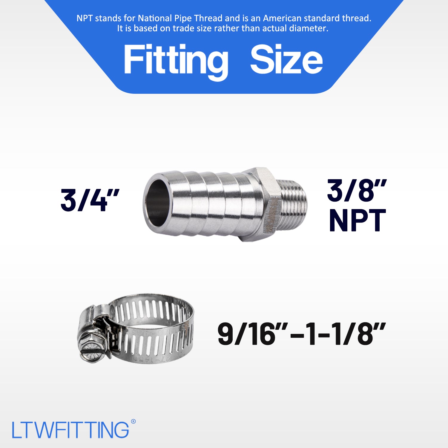 LTWFITTING 2 Sets Repair Kit Stainless Steel 316 3/4 Inch ID Hose x 3/8 Inch Male NPT Barb Connector with 9/16 - 1-1/8 Inch (14-27mm) Hose Clamp