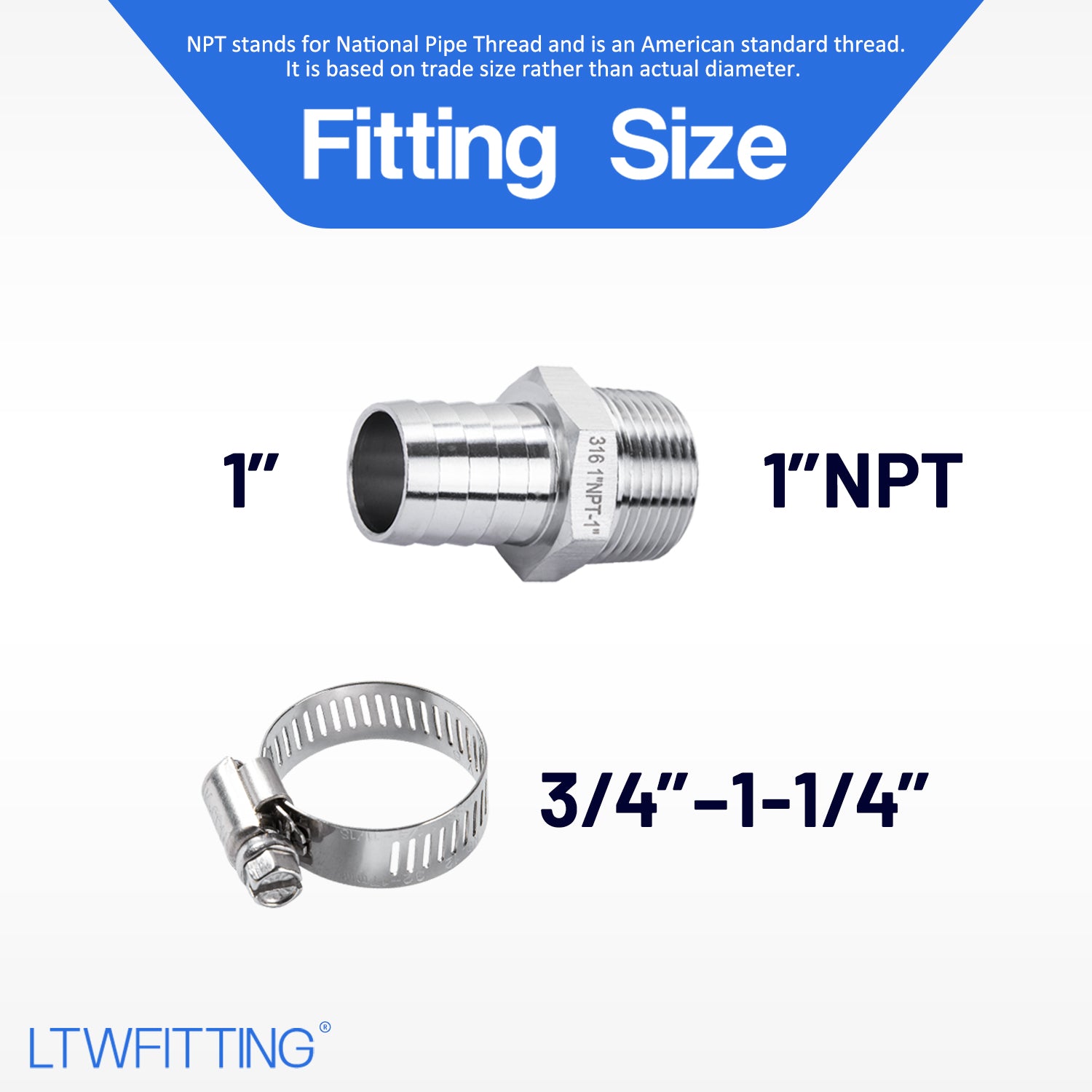 LTWFITTING 2 Sets Repair Kit Stainless Steel 316 1 Inch ID Hose x 1 Inch Male NPT Barb Connector with 3/4 ¨C1-1/4 Inch (17-32mm) Hose Clamp
