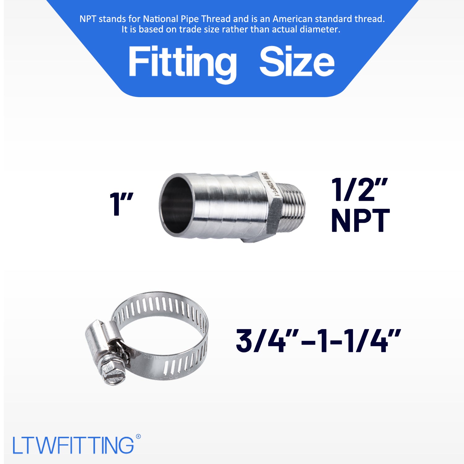 LTWFITTING 2 Sets Repair Kit Stainless Steel 316 1 Inch ID Hose x 1/2 Inch Male NPT Barb Connector with 3/4 ¨C1-1/4 Inch (17-32mm) Hose Clamp