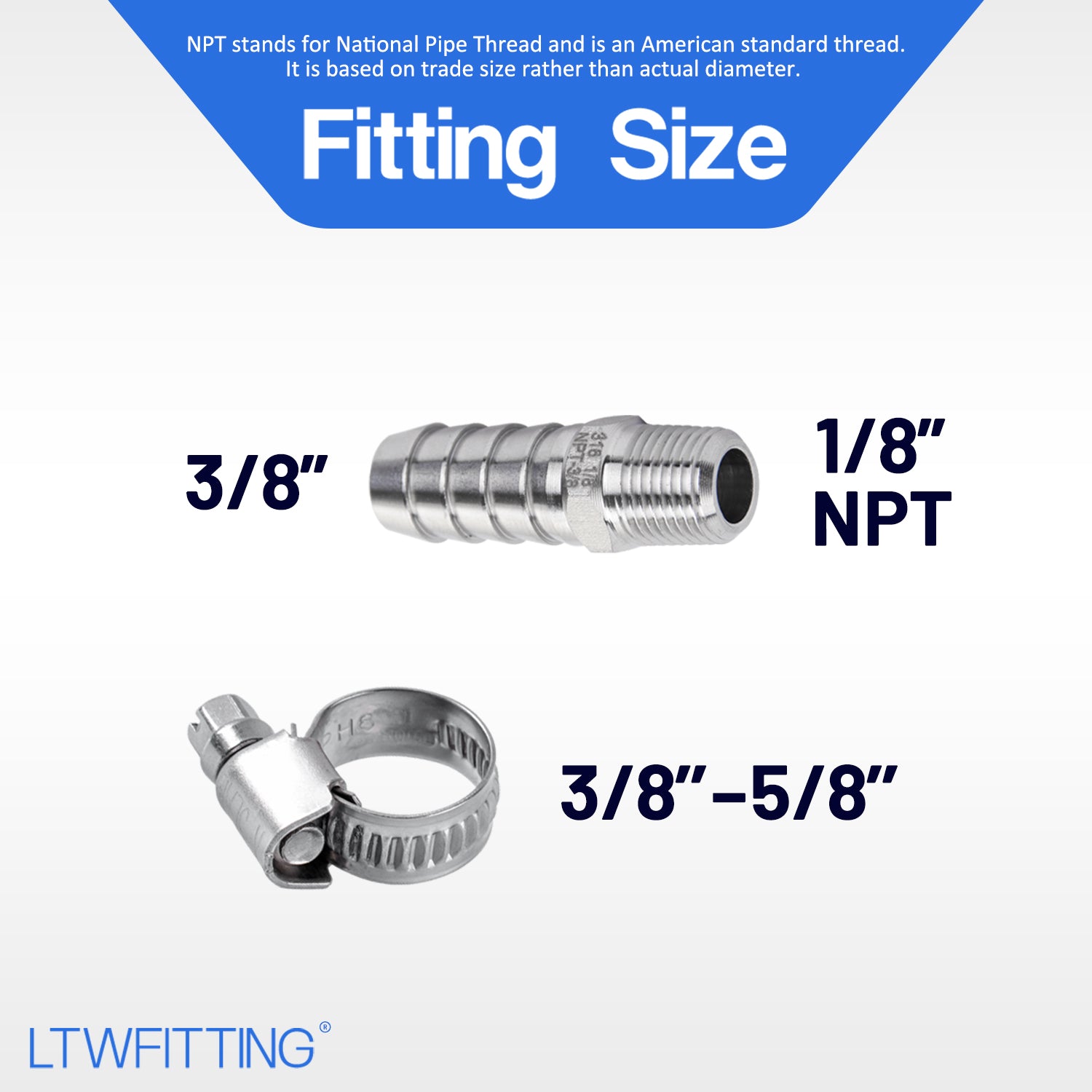 LTWFITTING 2 Sets Repair Kit Stainless Steel 316 3/8 Inch ID Hose x 1/8 Inch Male NPT Barb Connector with 3/8 - 5/8 Inch (10-16mm) Hose Clamp