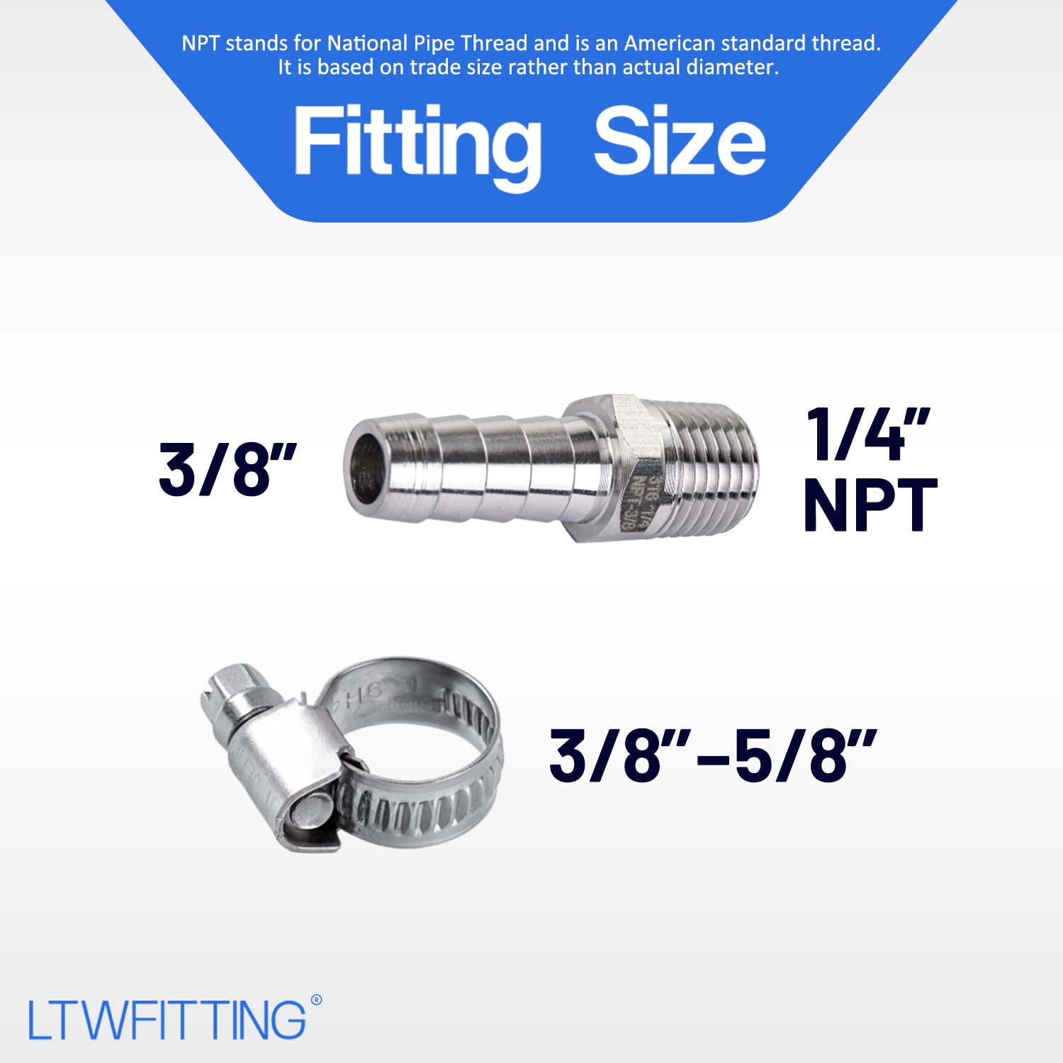 LTWFITTING 2 Sets Repair Kit Stainless Steel 316 3/8 Inch ID Hose x 1/4 Inch Male NPT Barb Connector with 3/8 - 5/8 Inch (10-16mm) Hose Clamp