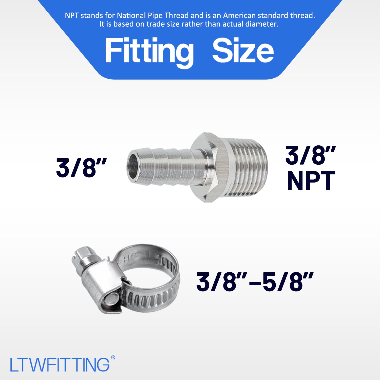 LTWFITTING 2 Sets Repair Kit Stainless Steel 316 3/8 Inch ID Hose x 3/8 Inch Male NPT Barb Connector with 3/8 - 5/8 Inch (10-16mm) Hose Clamp