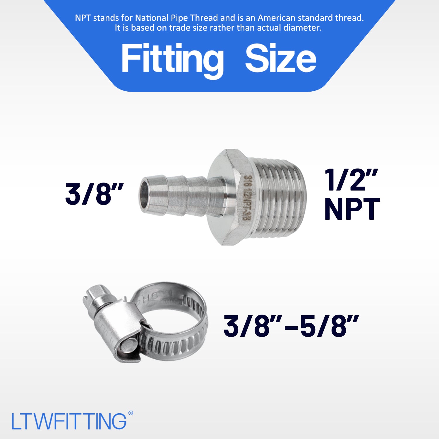 LTWFITTING 2 Sets Repair Kit Stainless Steel 316 3/8 Inch ID Hose x 1/2 Inch Male NPT Barb Connector with 3/8 - 5/8 Inch (10-16mm) Hose Clamp