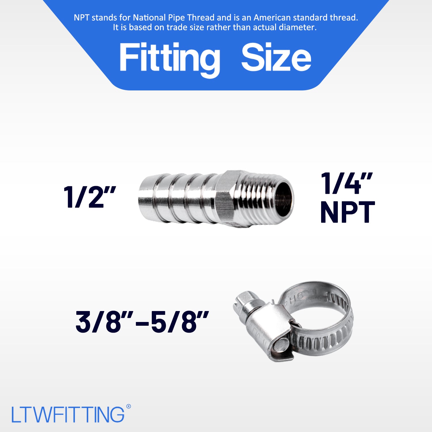 LTWFITTING 2 Sets Repair Kit Stainless Steel 316 1/2 Inch ID Hose x 1/4 Inch Male NPT Barb Connector with 3/8 - 5/8 Inch (10-16mm) Hose Clamp