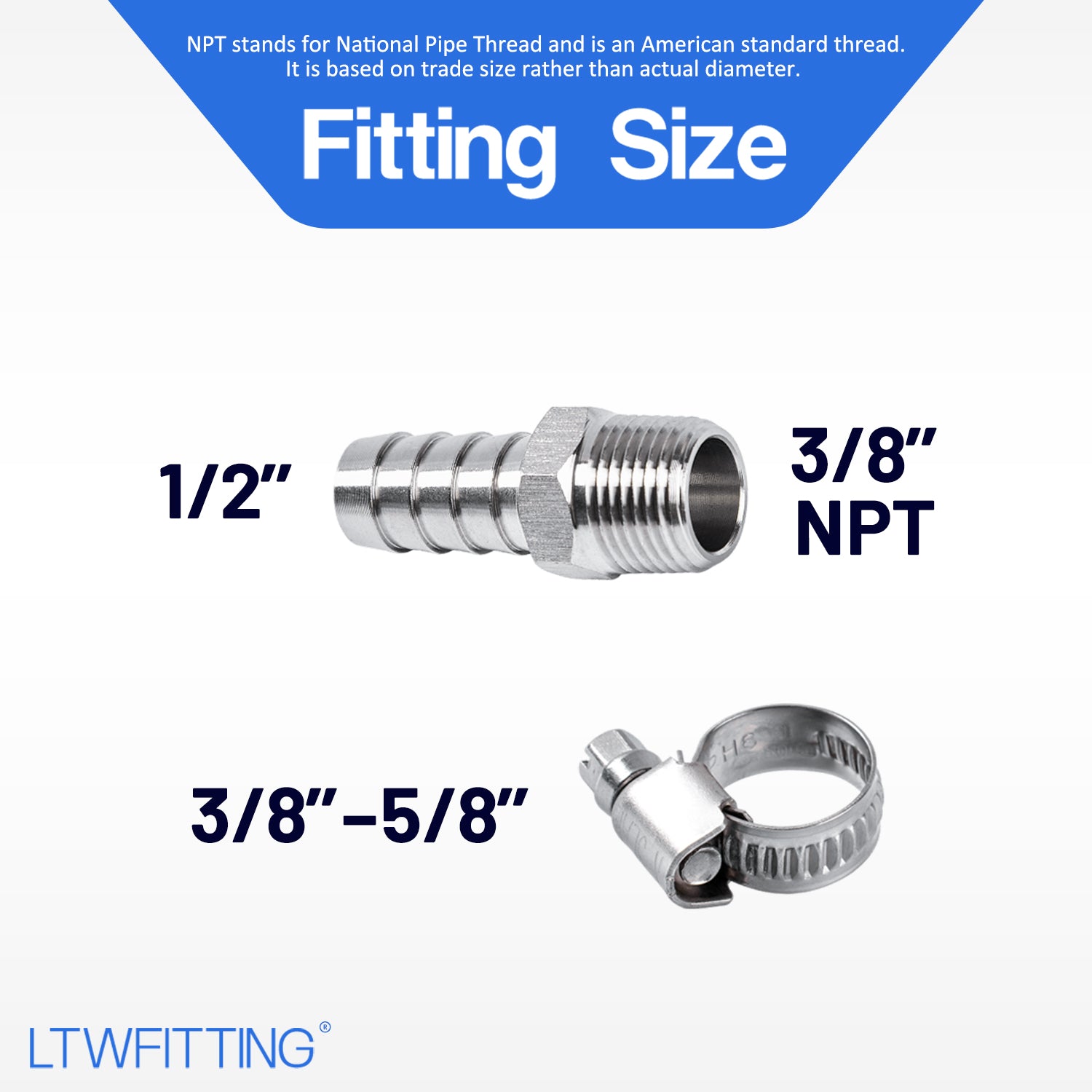 LTWFITTING 2 Sets Repair Kit Stainless Steel 316 1/2 Inch ID Hose x 3/8 Inch Male NPT Barb Connector with 3/8 - 5/8 Inch (10-16mm) Hose Clamp