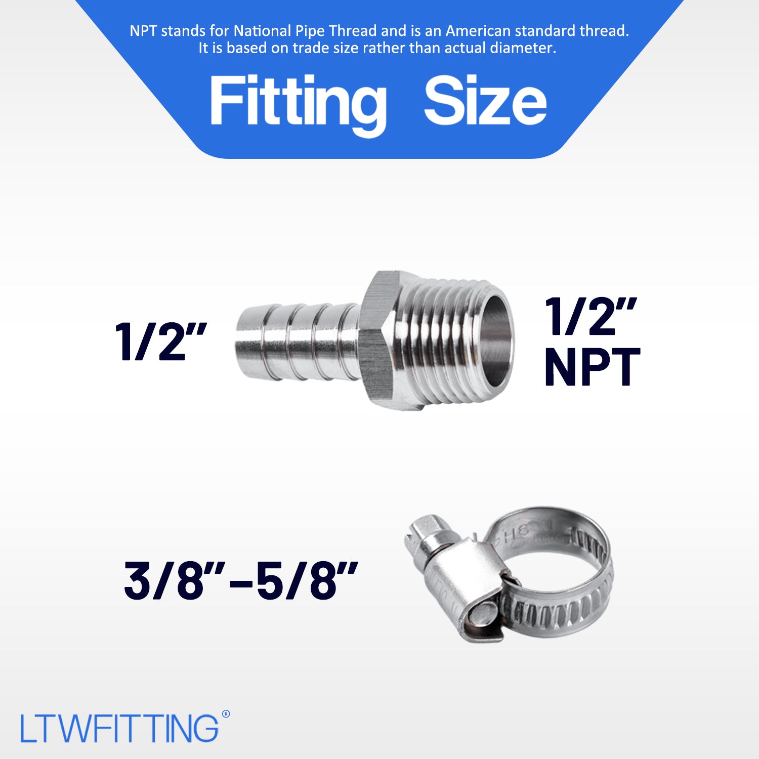 LTWFITTING 2 Sets Repair Kit Stainless Steel 316 1/2 Inch ID Hose x 1/2 Inch Male NPT Barb Connector with 3/8 - 5/8 Inch (10-16mm) Hose Clamp
