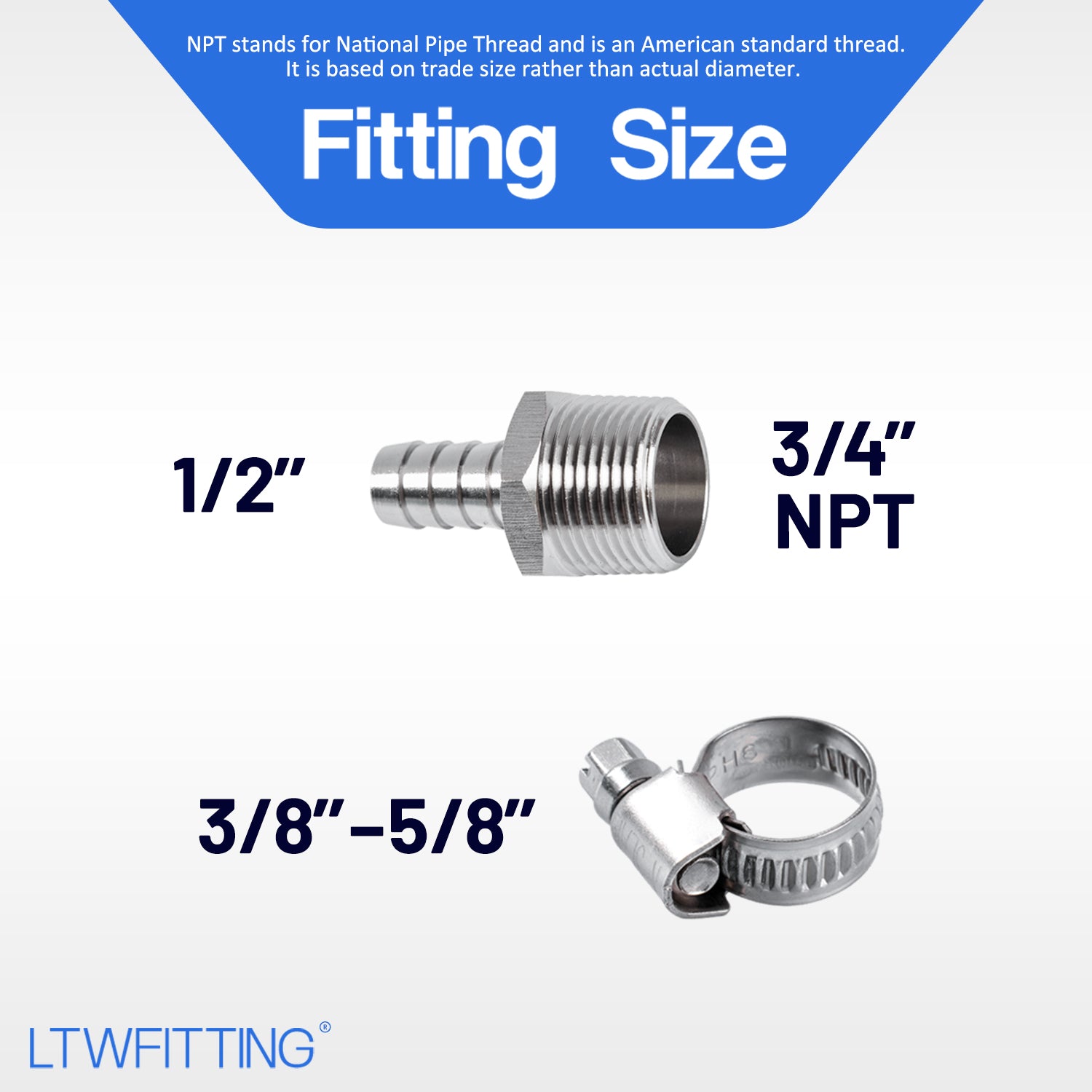 LTWFITTING 2 Sets Repair Kit Stainless Steel 316 1/2 Inch ID Hose x 3/4 Inch Male NPT Barb Connector with 3/8 - 5/8 Inch (10-16mm) Hose Clamp
