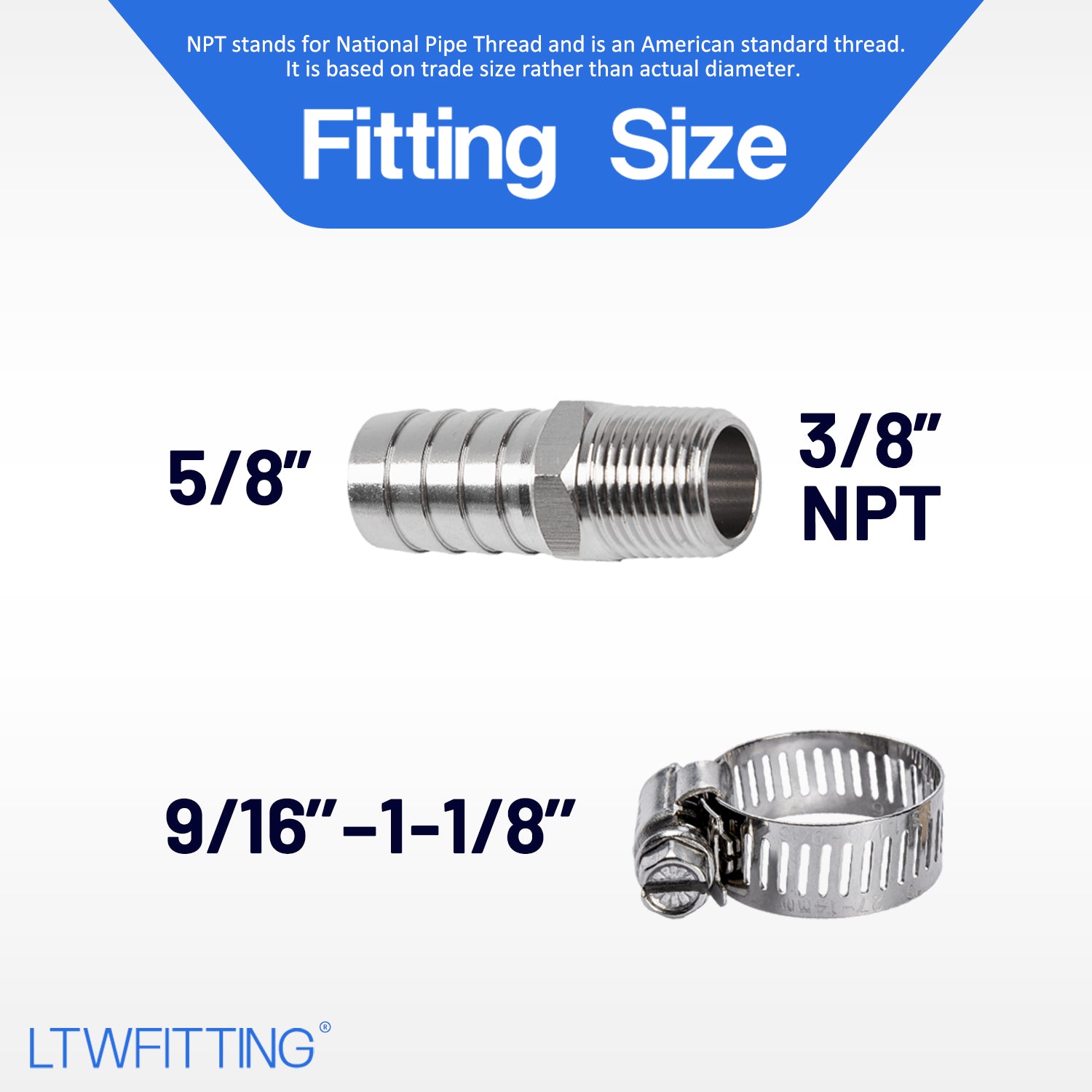 LTWFITTING 2 Sets Repair Kit Stainless Steel 316 5/8 Inch ID Hose x 3/8 Inch Male NPT Barb Connector with 9/16 - 1-1/8 Inch (14-27mm) Hose Clamp