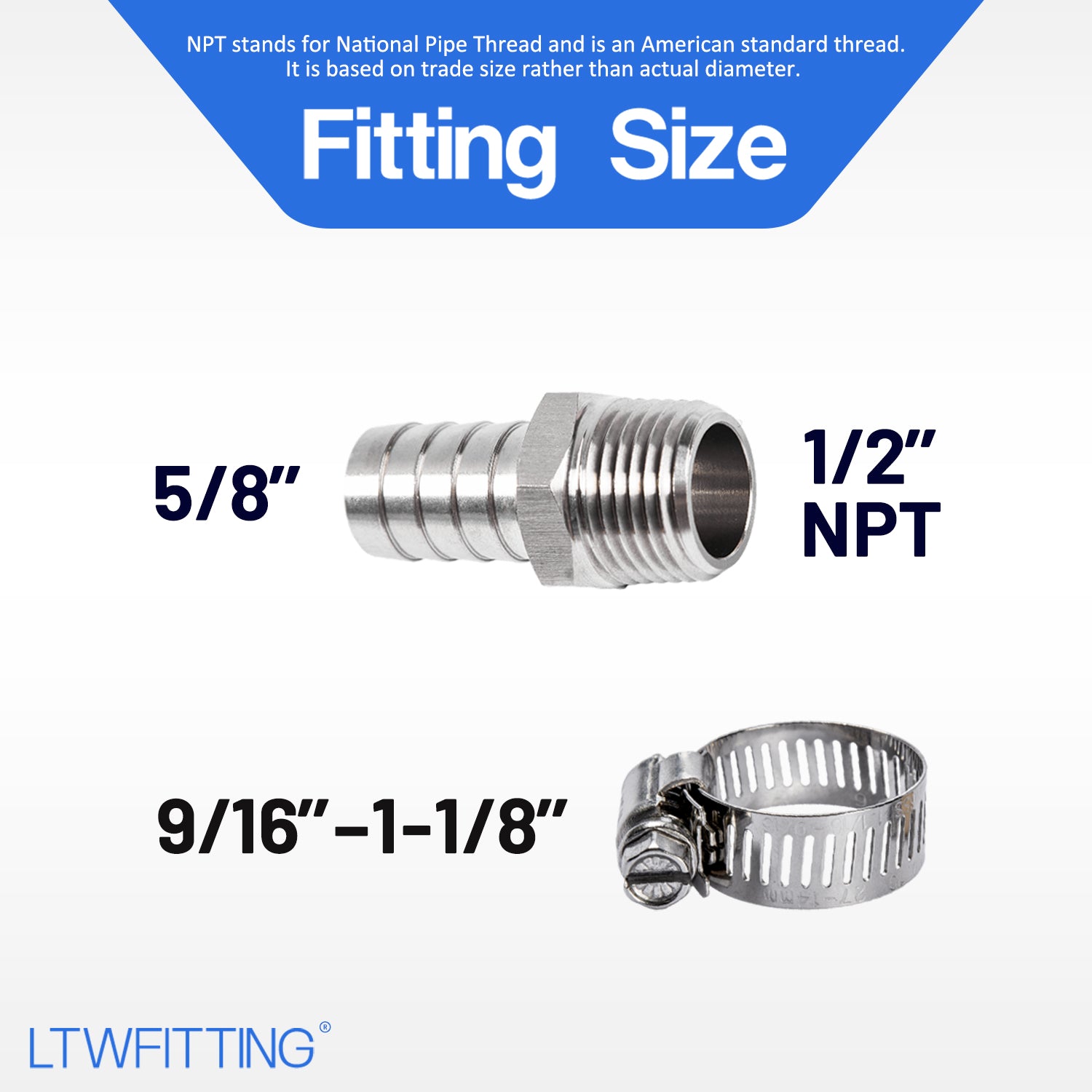 LTWFITTING 2 Sets Repair Kit Stainless Steel 316 5/8 Inch ID Hose x 1/2 Inch Male NPT Barb Connector with 9/16 - 1-1/8 Inch (14-27mm) Hose Clamp