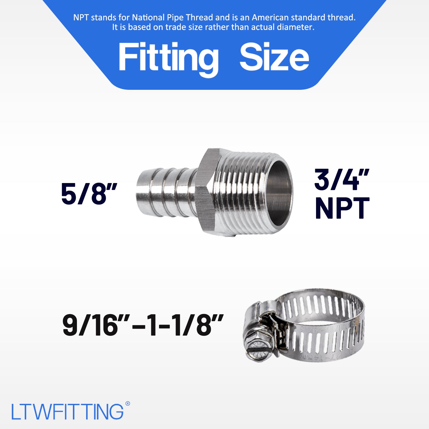 LTWFITTING 2 Sets Repair Kit Stainless Steel 316 5/8 Inch ID Hose x 3/4 Inch Male NPT Barb Connector with 9/16 - 1-1/8 Inch (14-27mm) Hose Clamp