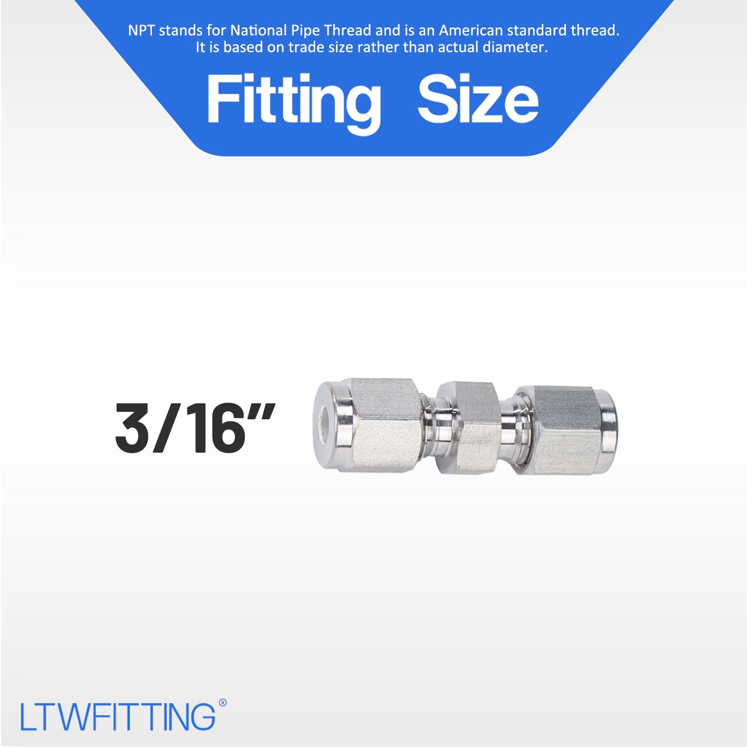 LTWFITTING 3/16-Inch OD Compression Union,Stainless Steel 316 Compression Fitting (Pack of 250)
