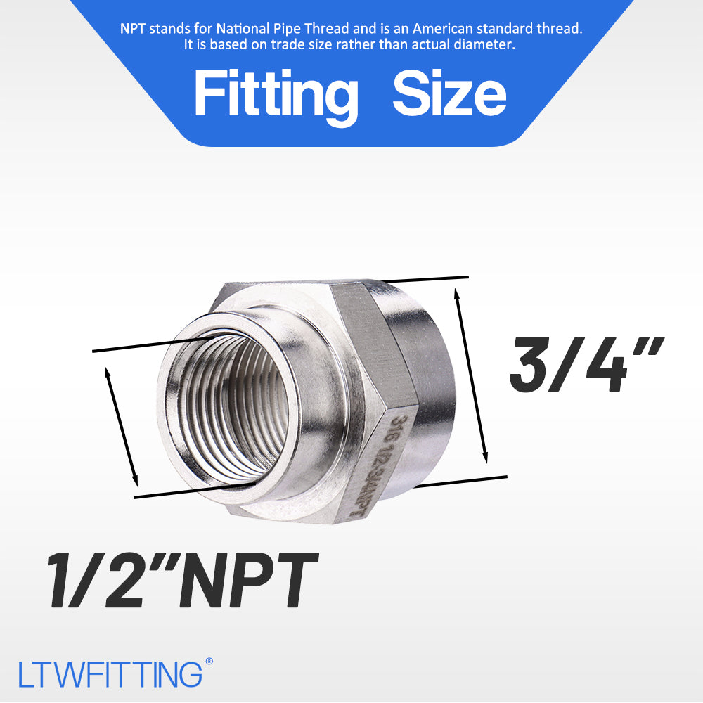 LTWFITTING Bar Production Stainless Steel 316 Pipe Fitting 3/4 Inch x 1/2 Inch Female NPT Reducing Coupling Water Boat (Pack of 5)
