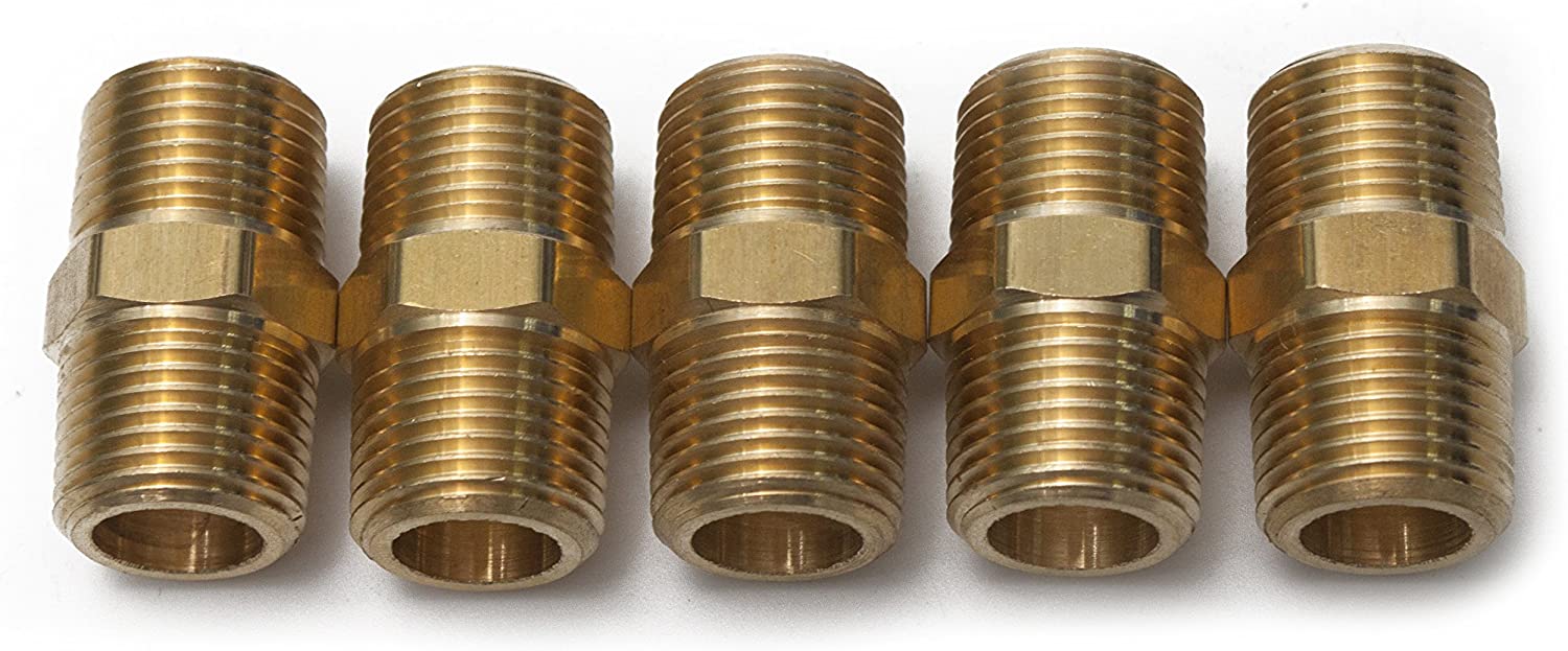 LTWFITTING Brass Pipe Hex Nipple Fitting 3/8 x 3/8 Inch Male Pipe NPT MNPT MPT Air Fuel Water(Pack of 5)