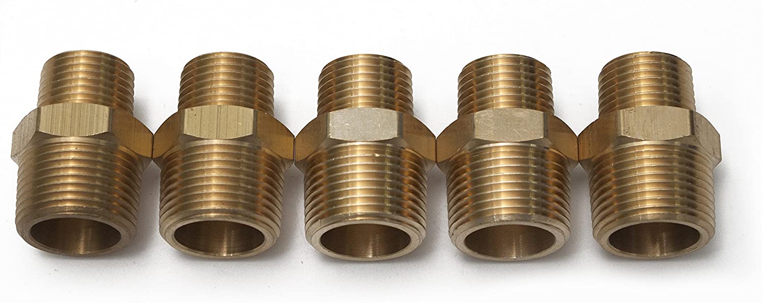 LTWFITTING Brass Pipe Hex Reducing Nipple Fitting 3/4-Inch x 1/2-Inch Male NPT(Pack of 5)