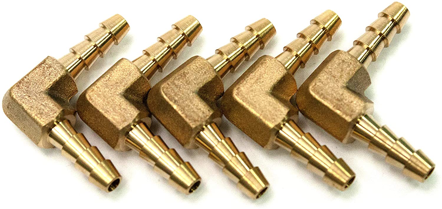 LTWFITTING 90 Deg Elbow Brass Barb Fitting 3/16-Inch x3/16 Hose ID Air/Water/Fuel/Oil/Inert Gases (Pack of 5)