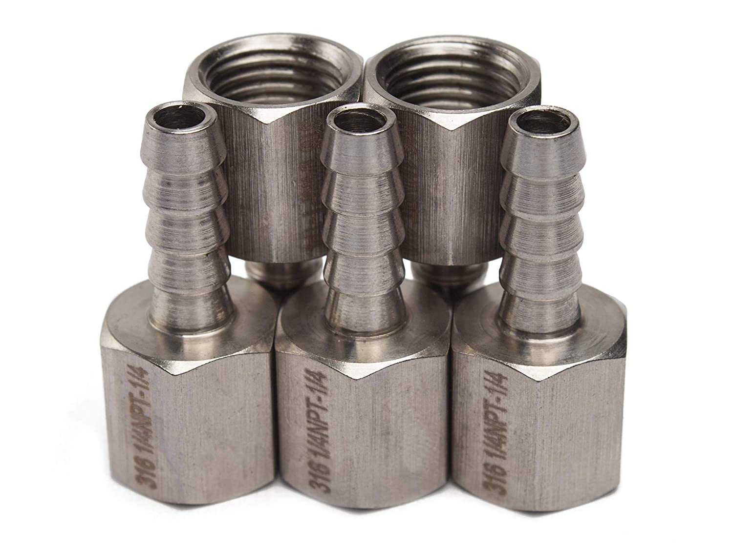 LTWFITTING Bar Production Stainless Steel 316 Barb Fitting Coupler 1/4 Inch Hose ID x 1/4 Inch Female NPT Air Fuel Water (Pack of 5)