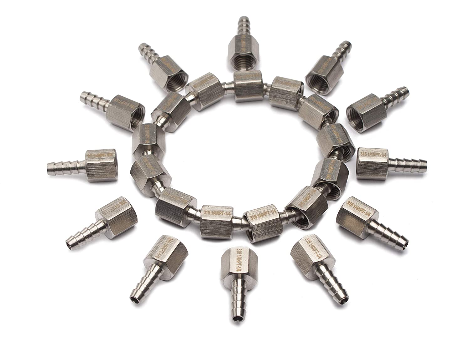 LTWFITTING Bar Production Stainless Steel 316 Barb Fitting Coupler 1/4 Inch Hose ID x 1/4 Inch Female NPT Air Fuel Water (Pack of 25)