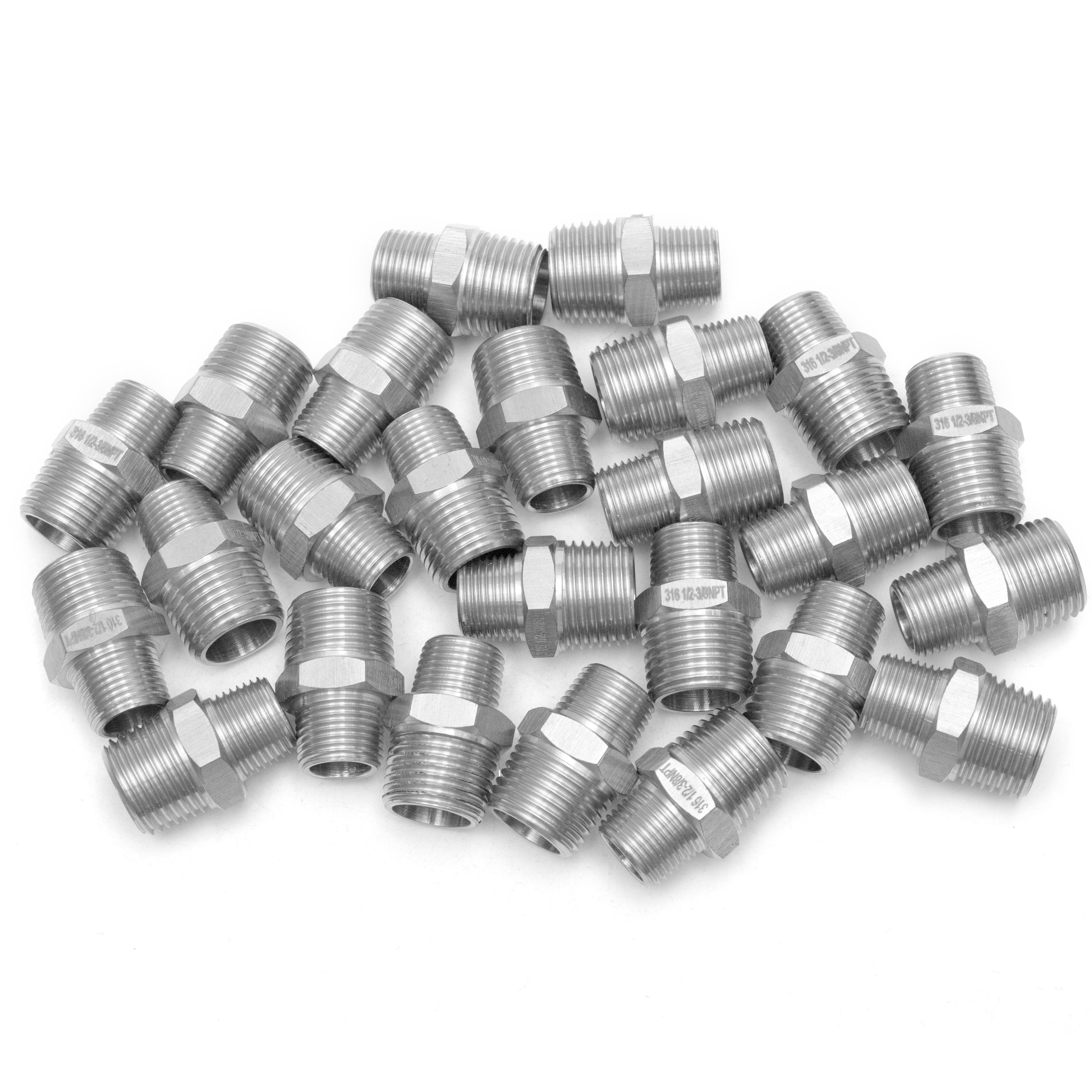 LTWFITTING Bar Production Stainless Steel 316 Pipe Hex Reducing Nipple Fitting 1/2 Inch x 3/8 Inch Male NPT Water Boat (Pack of 25)