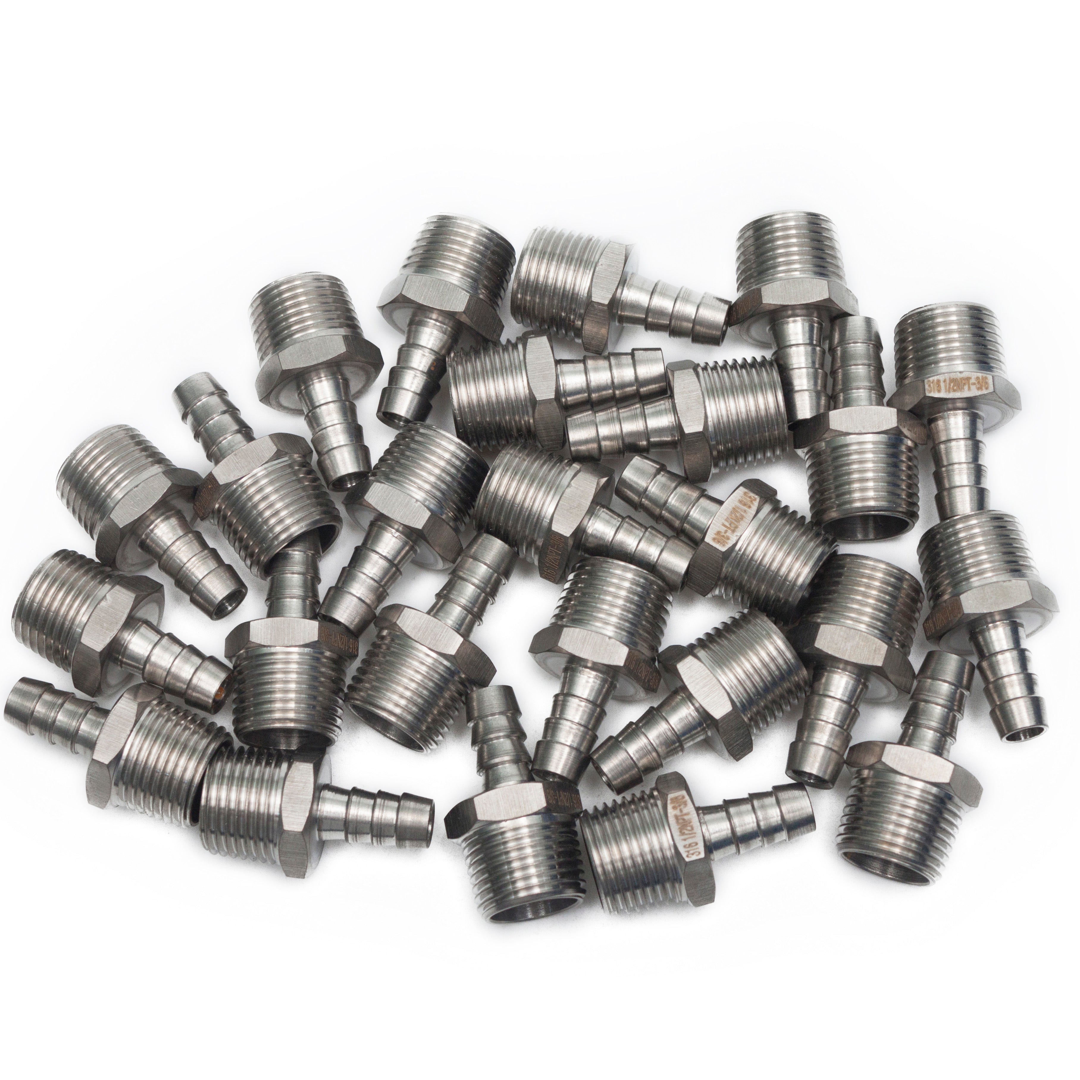LTWFITTING Bar Production Stainless Steel 316 Barb Fitting Coupler/Connector 3/8 Inch Hose ID x 1/2 Inch Male NPT Air Fuel Water (Pack of 25)